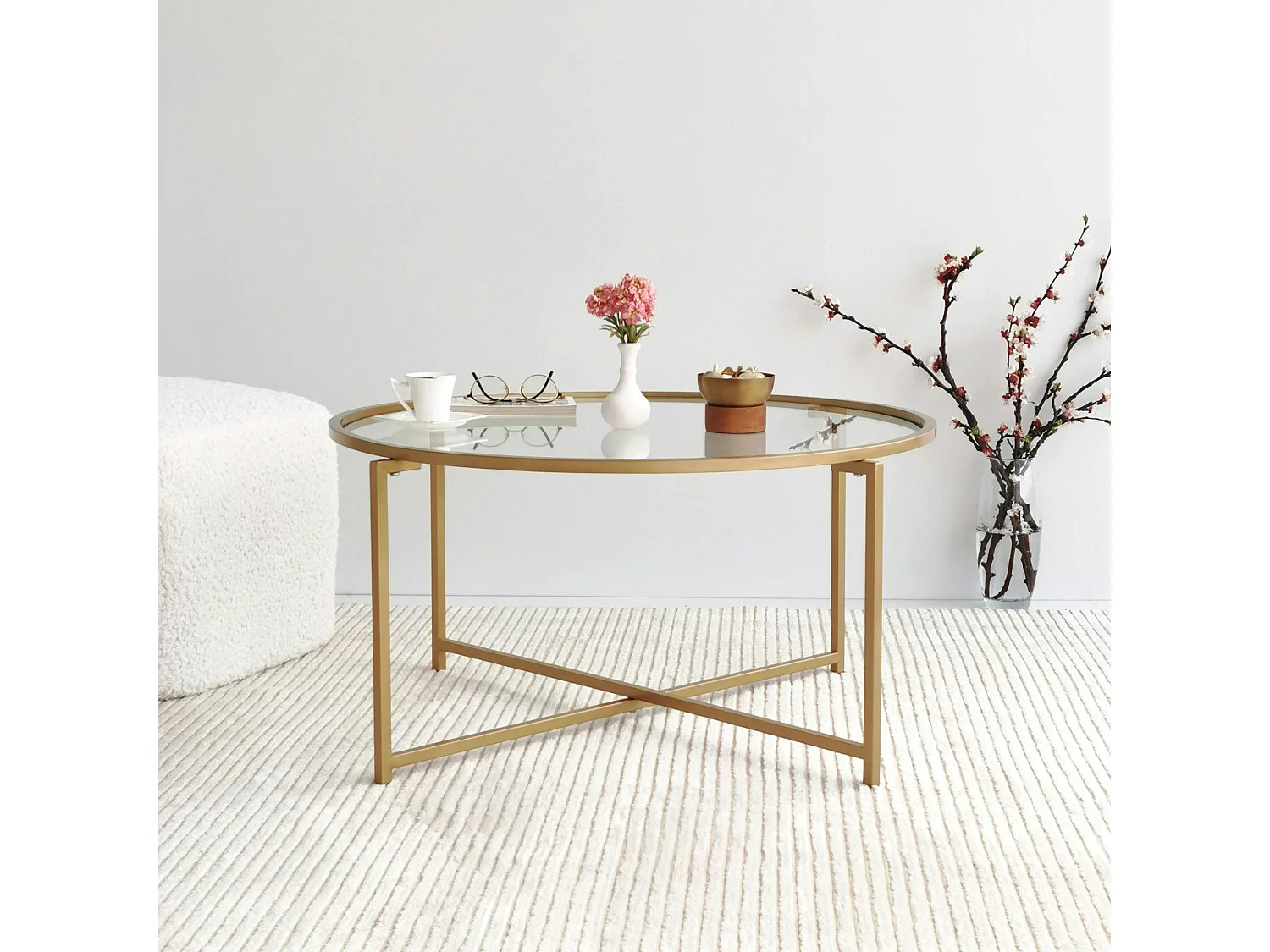 Table basse ronde design - verre & métal doré TULUM