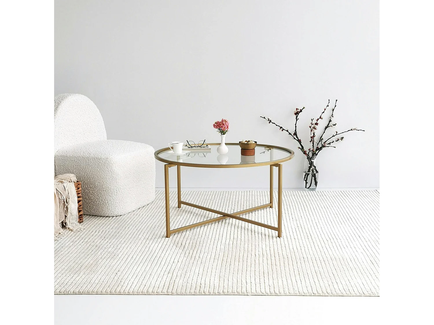 Table basse ronde design - verre & métal doré TULUM