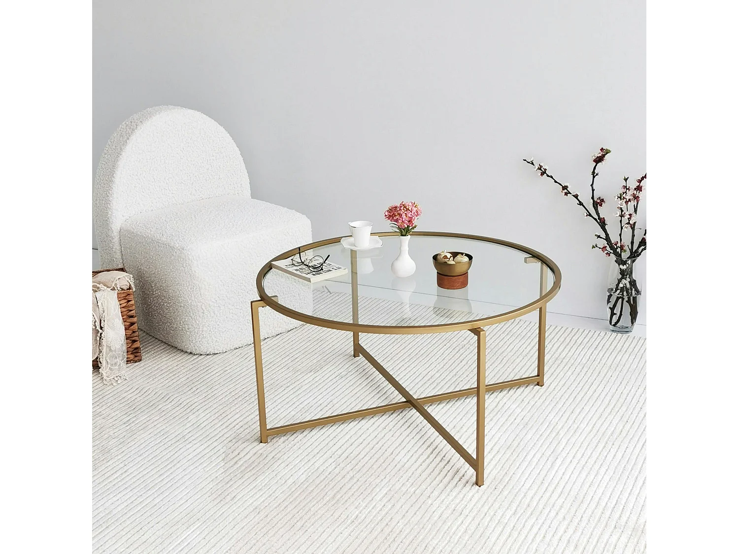 Table basse ronde design - verre & métal doré TULUM