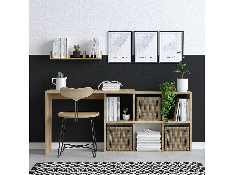 Bureau avec rangement cubes et étagère - effet chêne MARFA