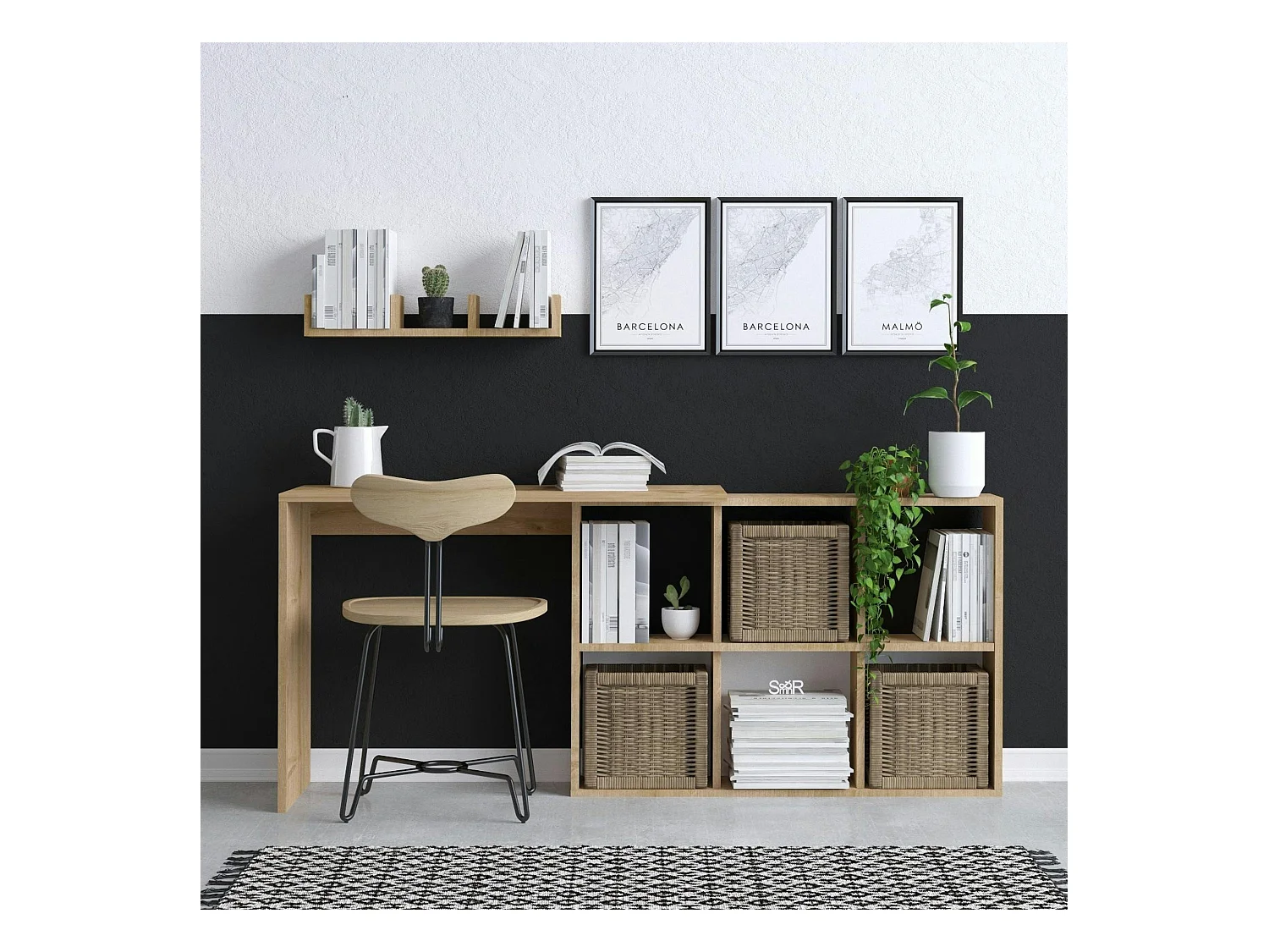 Bureau avec rangement cubes et étagère - effet chêne MARFA