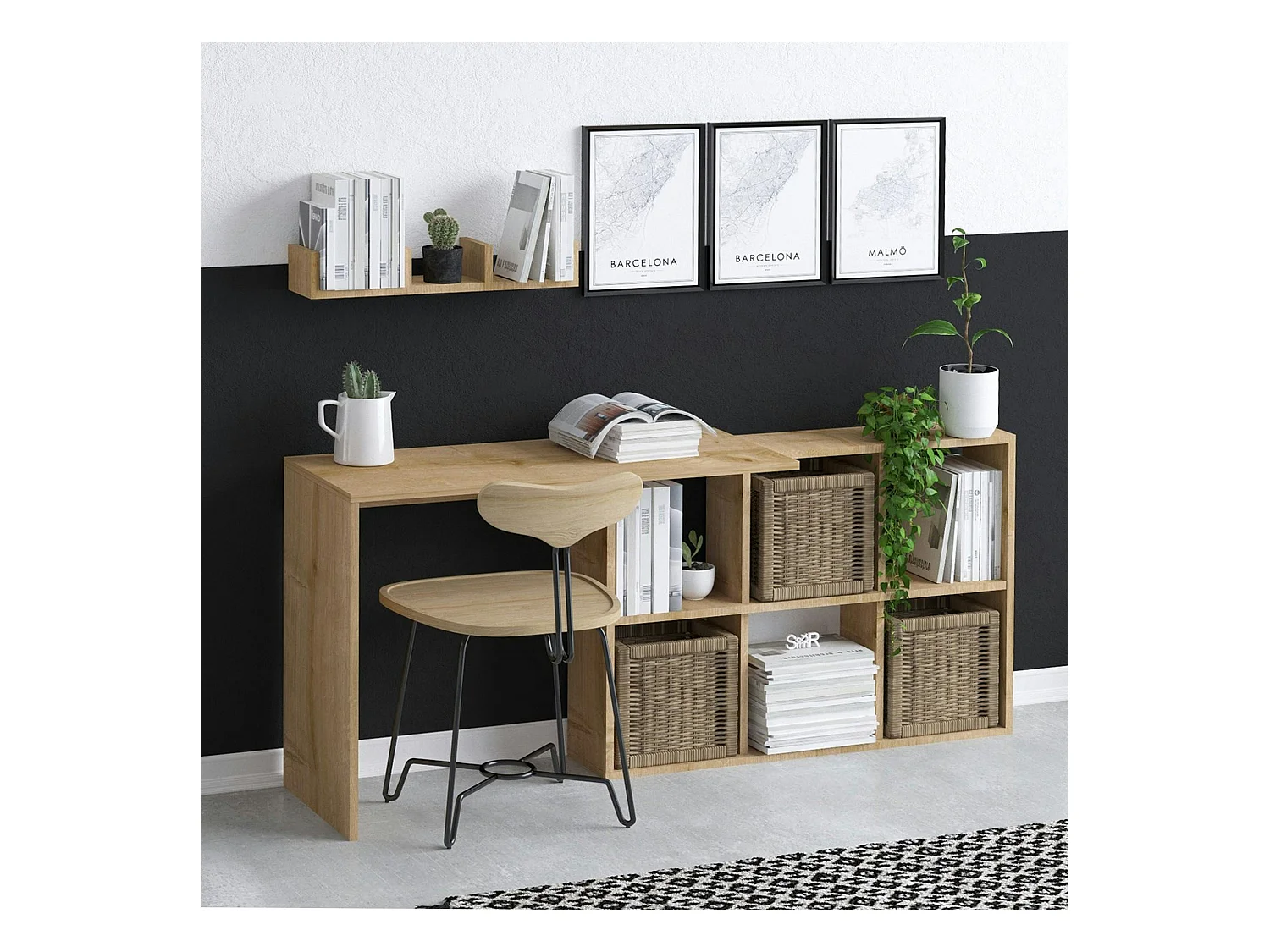 Bureau avec rangement cubes et étagère - effet chêne MARFA
