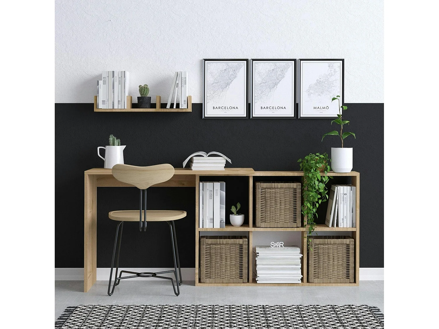 Bureau avec rangement cubes et étagère - effet chêne MARFA
