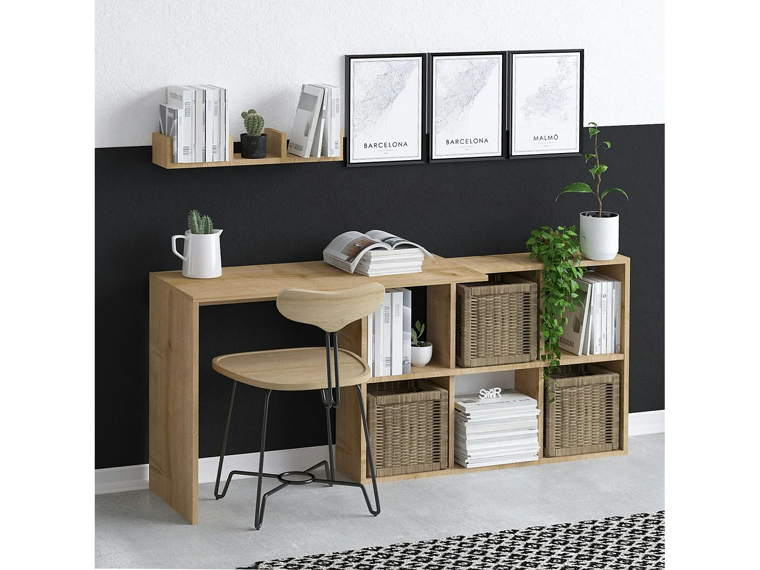 Bureau avec rangement cubes et étagère - effet chêne MARFA