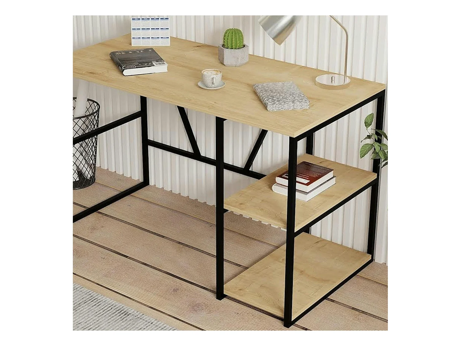 Bureau noir avec rangement - finition effet chêne JENA