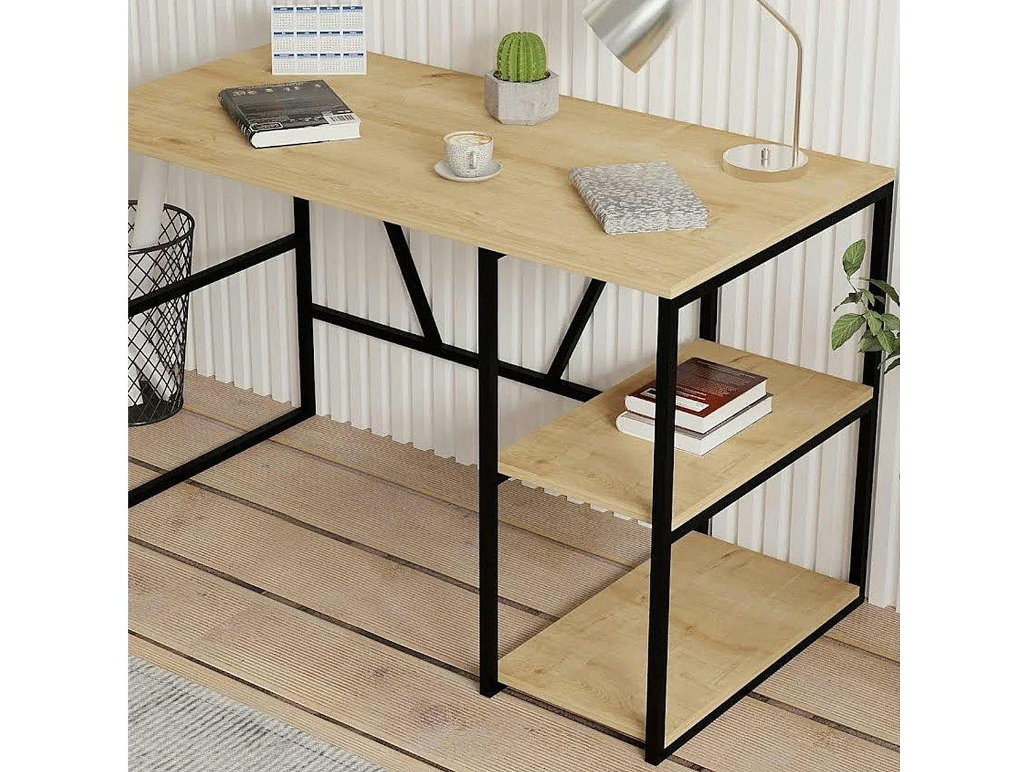 Bureau noir avec rangement - finition effet chêne JENA