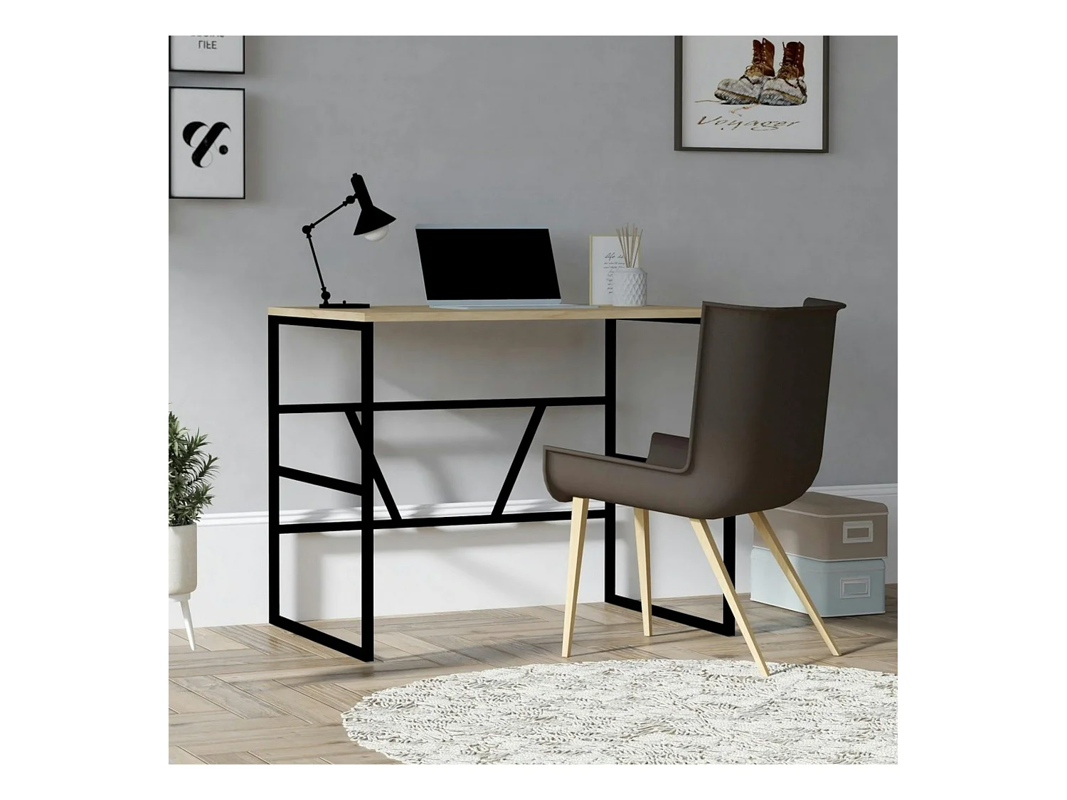 Petit bureau moderne noir avec plateau effet chêne clair JENA