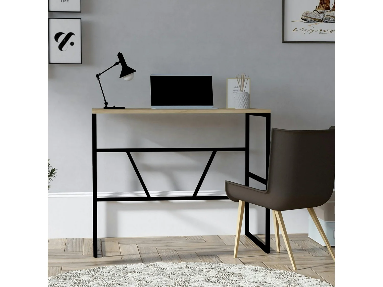 Petit bureau moderne noir avec plateau effet chêne clair JENA