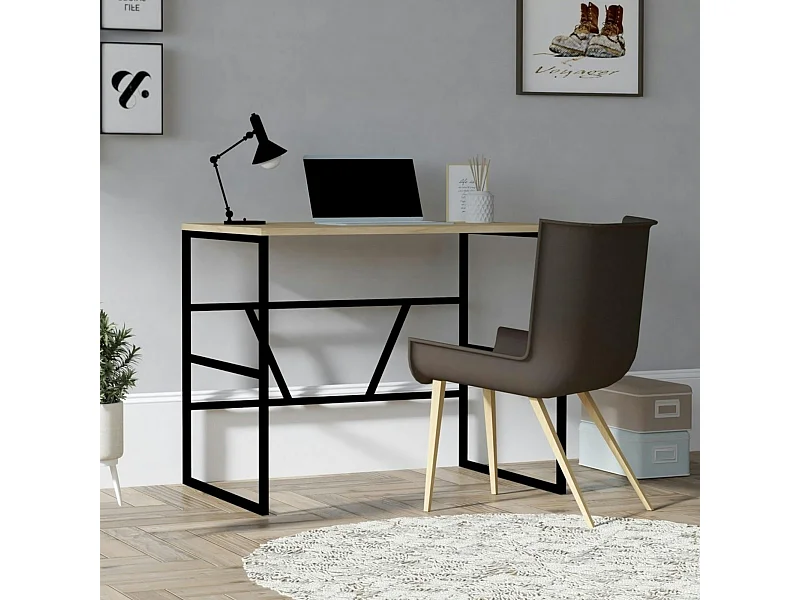 Petit bureau moderne noir avec plateau effet chêne clair JENA