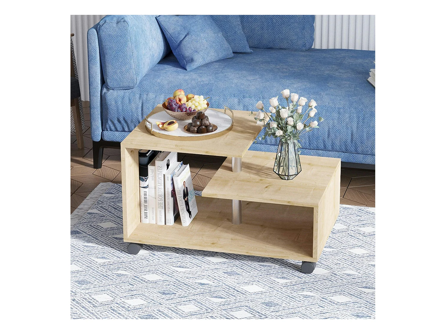 Table basse roulettes et rangement, finition effet chêne JENA