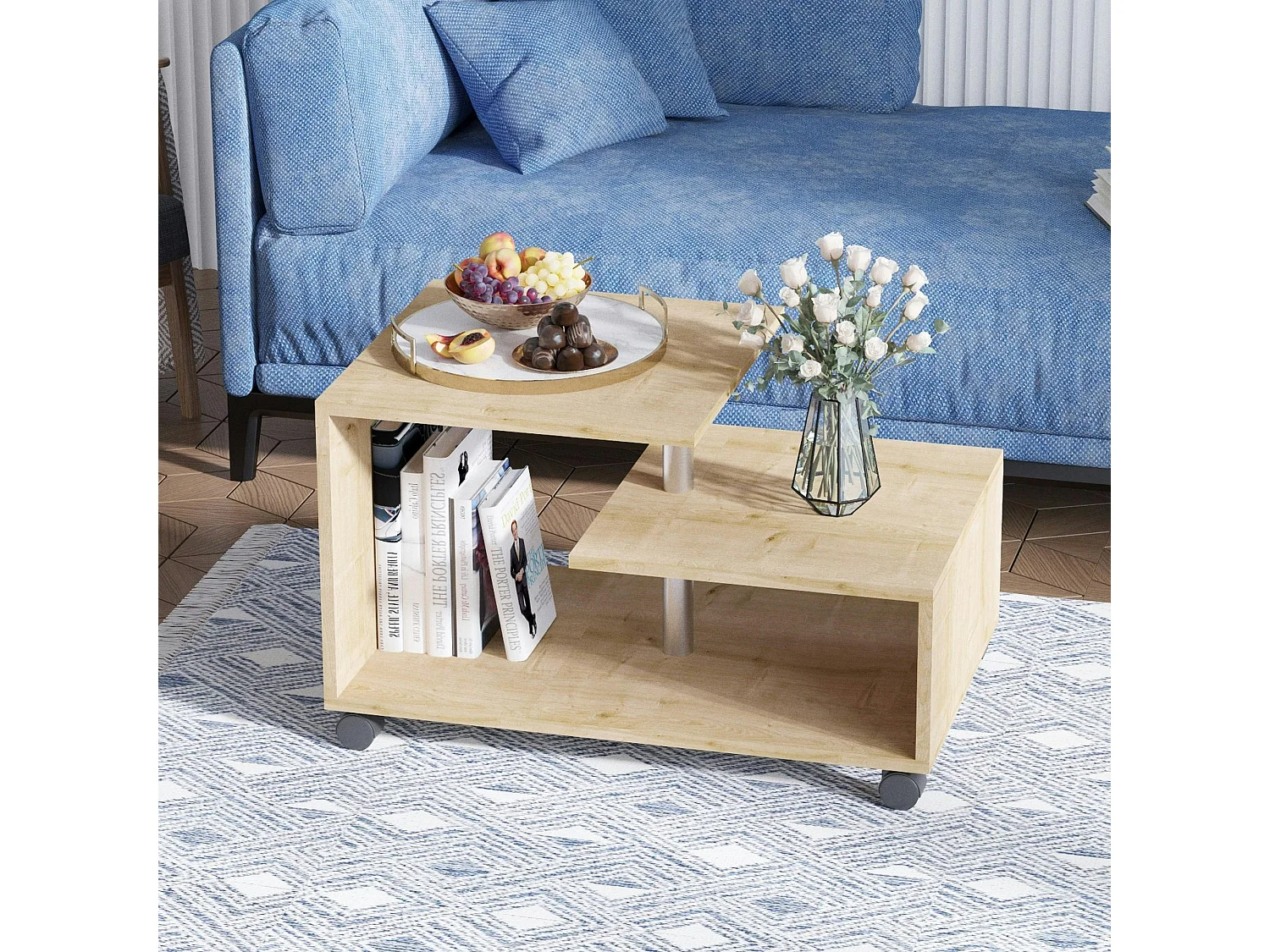 Table basse roulettes et rangement, finition effet chêne JENA