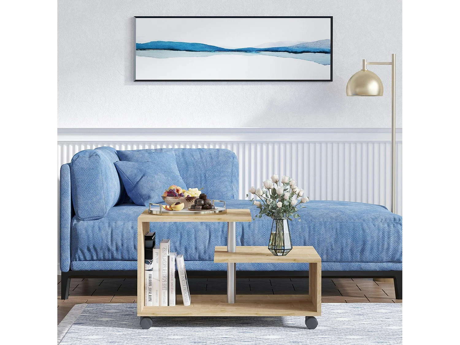 Table basse roulettes et rangement, finition effet chêne JENA