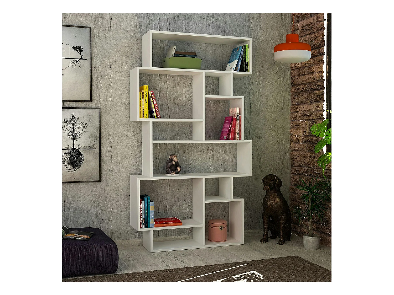 Bibliothèque blanche design à étagères décalées MARFA