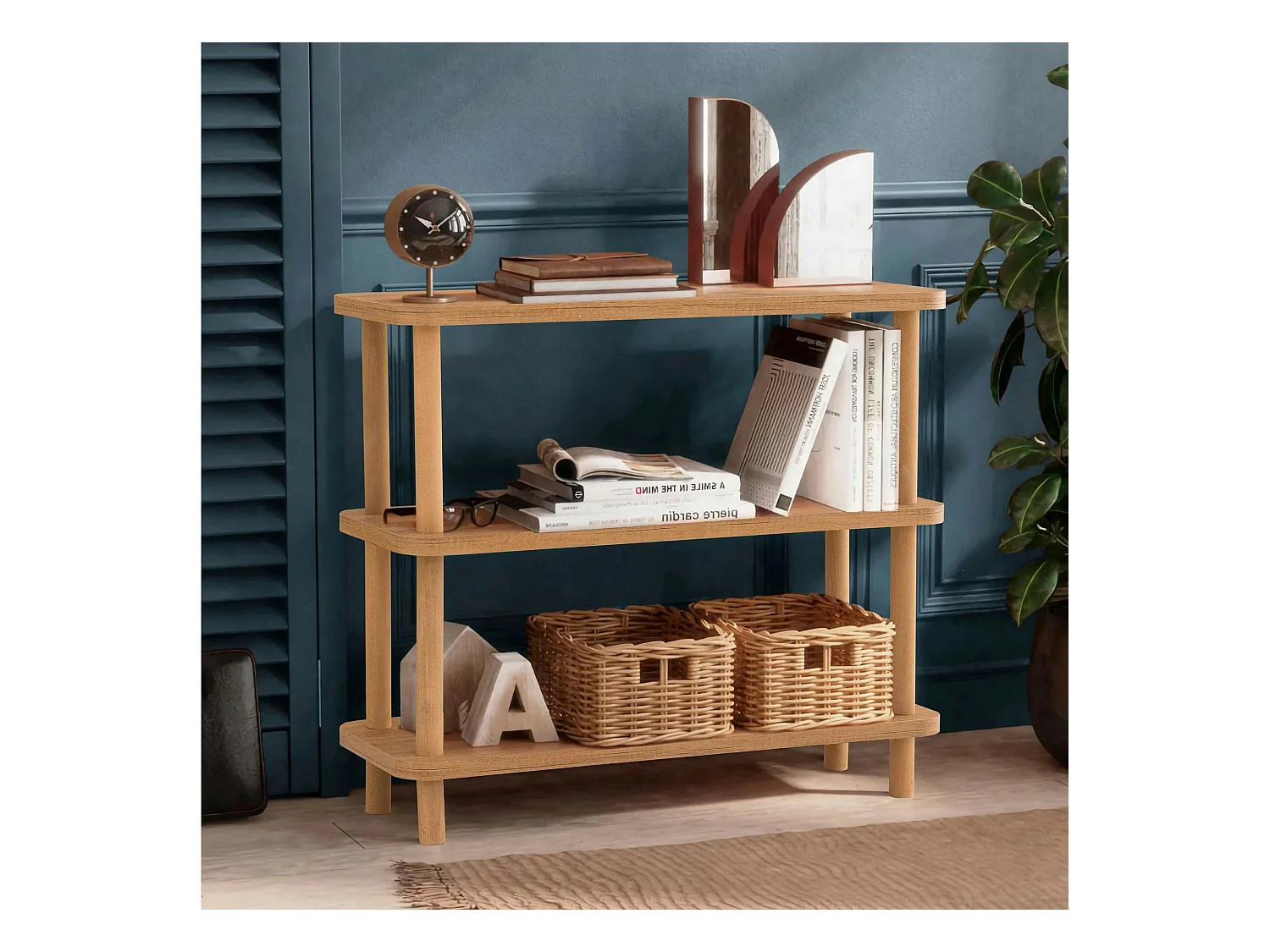 Bibliothèque basse effet bois de pin - 3 niveaux MARFA