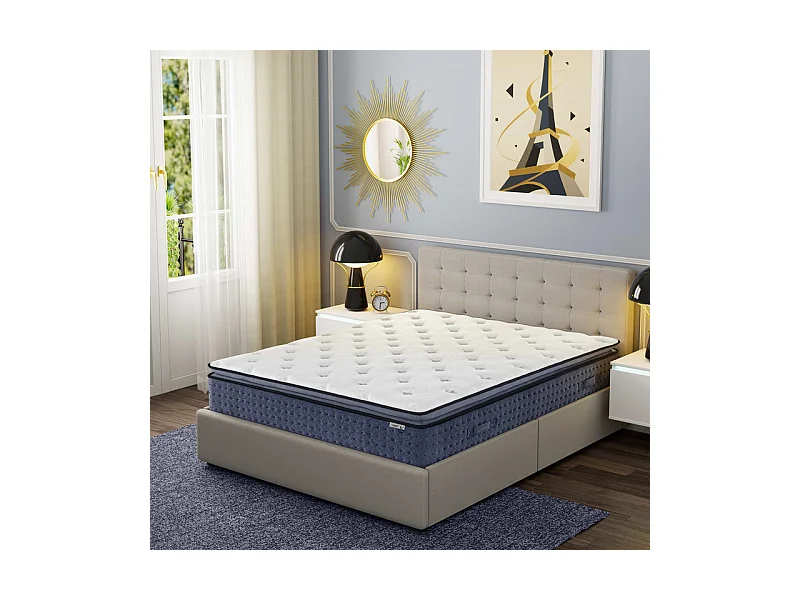 Matelas 160x200 cm ep 35 cm ressorts ensachés 3 zones + mousse mémoire, coutil bambou, bords renforcés - LASUITE