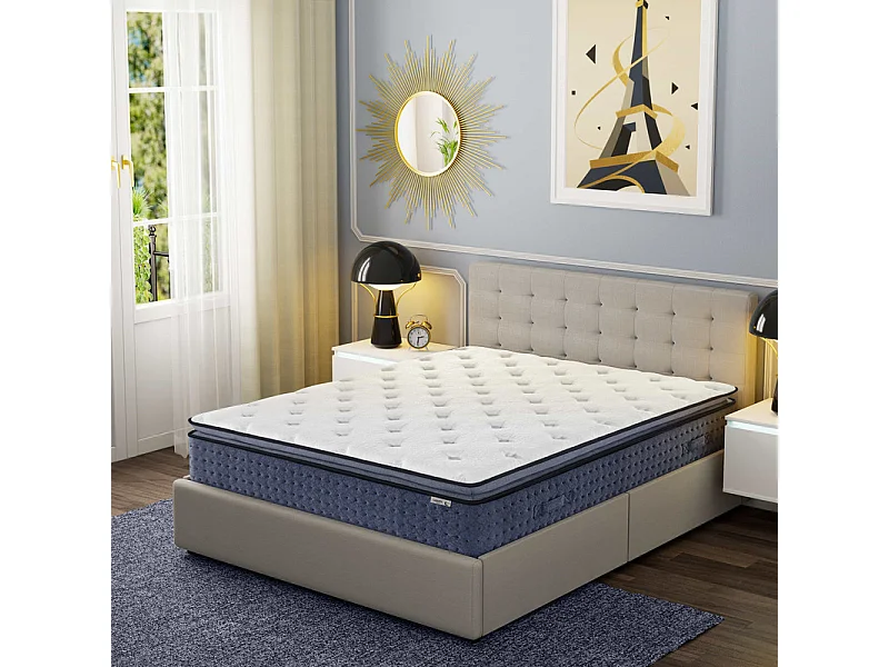 Matelas 160x200 cm ep 35 cm ressorts ensachés 3 zones + mousse mémoire, coutil bambou, bords renforcés - LASUITE