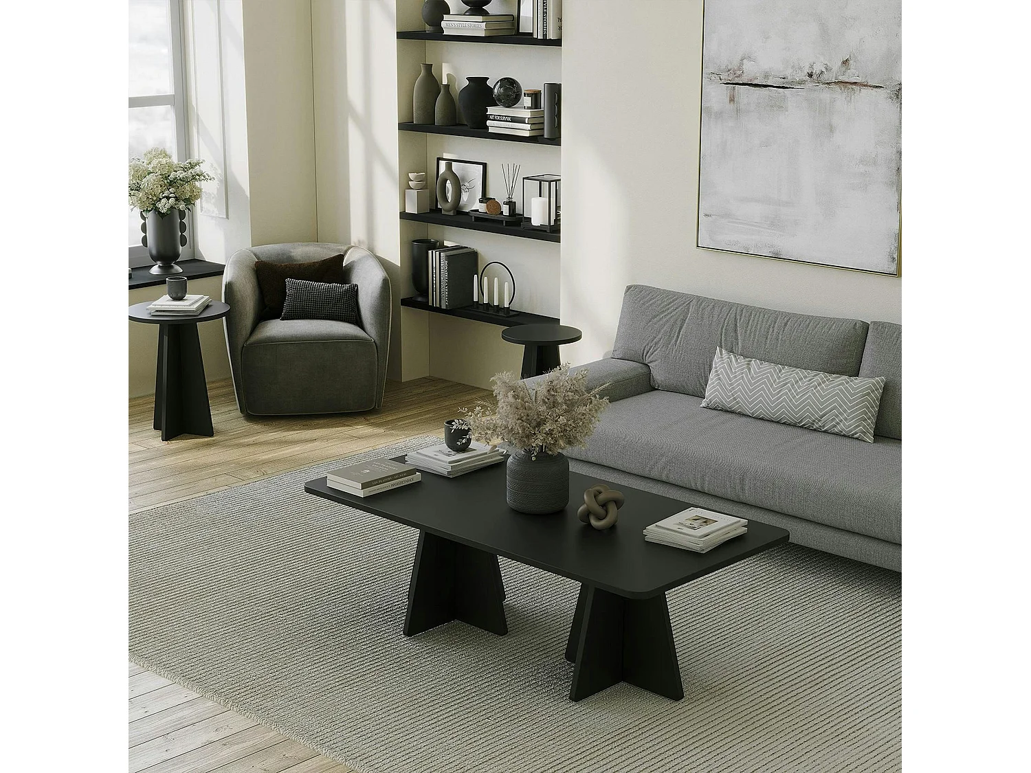 Table basse noire design avec pieds trapèze MARFA