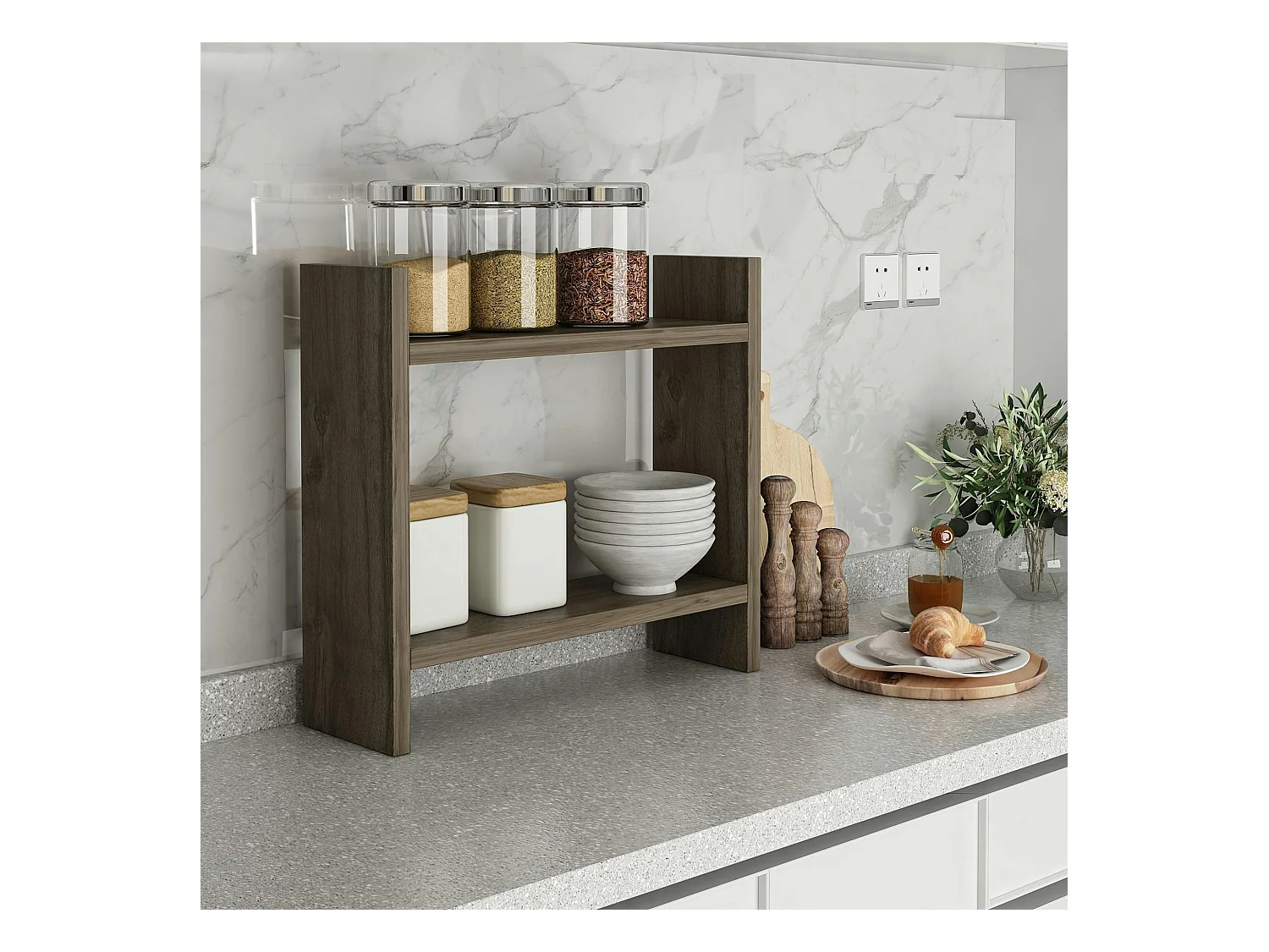 Etagère cuisine à poser effet noyer - 2 niveaux MARFA