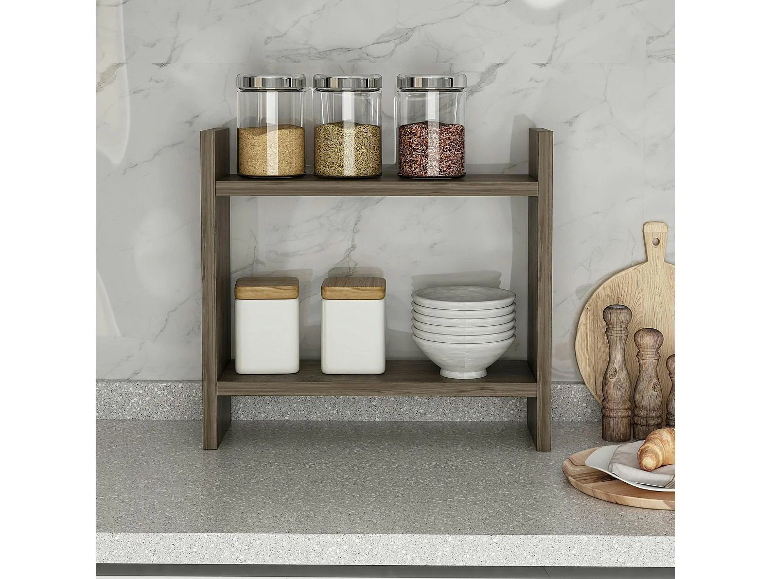 Etagère cuisine à poser effet noyer - 2 niveaux MARFA