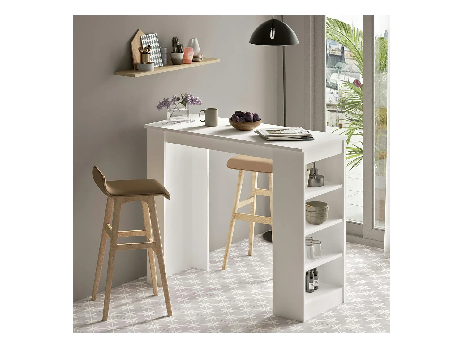 Table haute blanche cuisine avec étagères intégrées MARFA