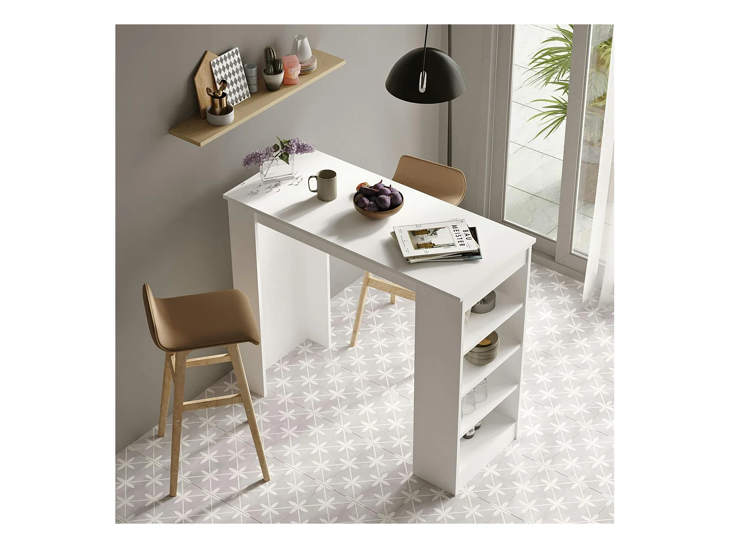 Table haute blanche cuisine avec étagères intégrées MARFA