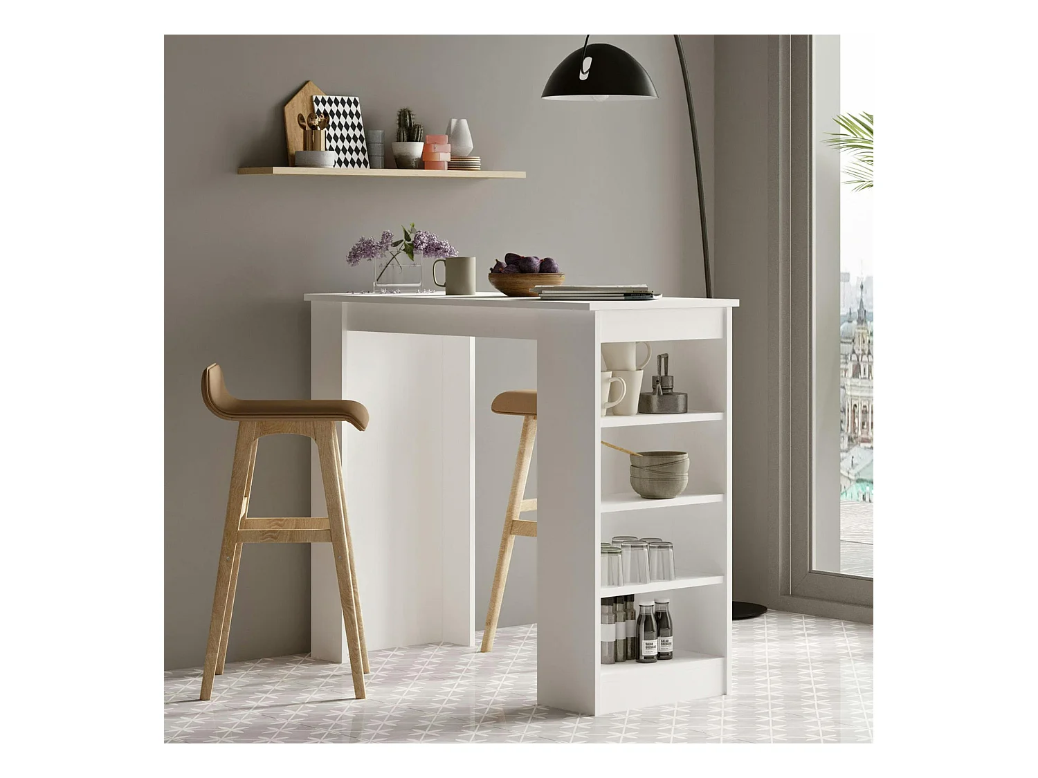 Table haute blanche cuisine avec étagères intégrées MARFA