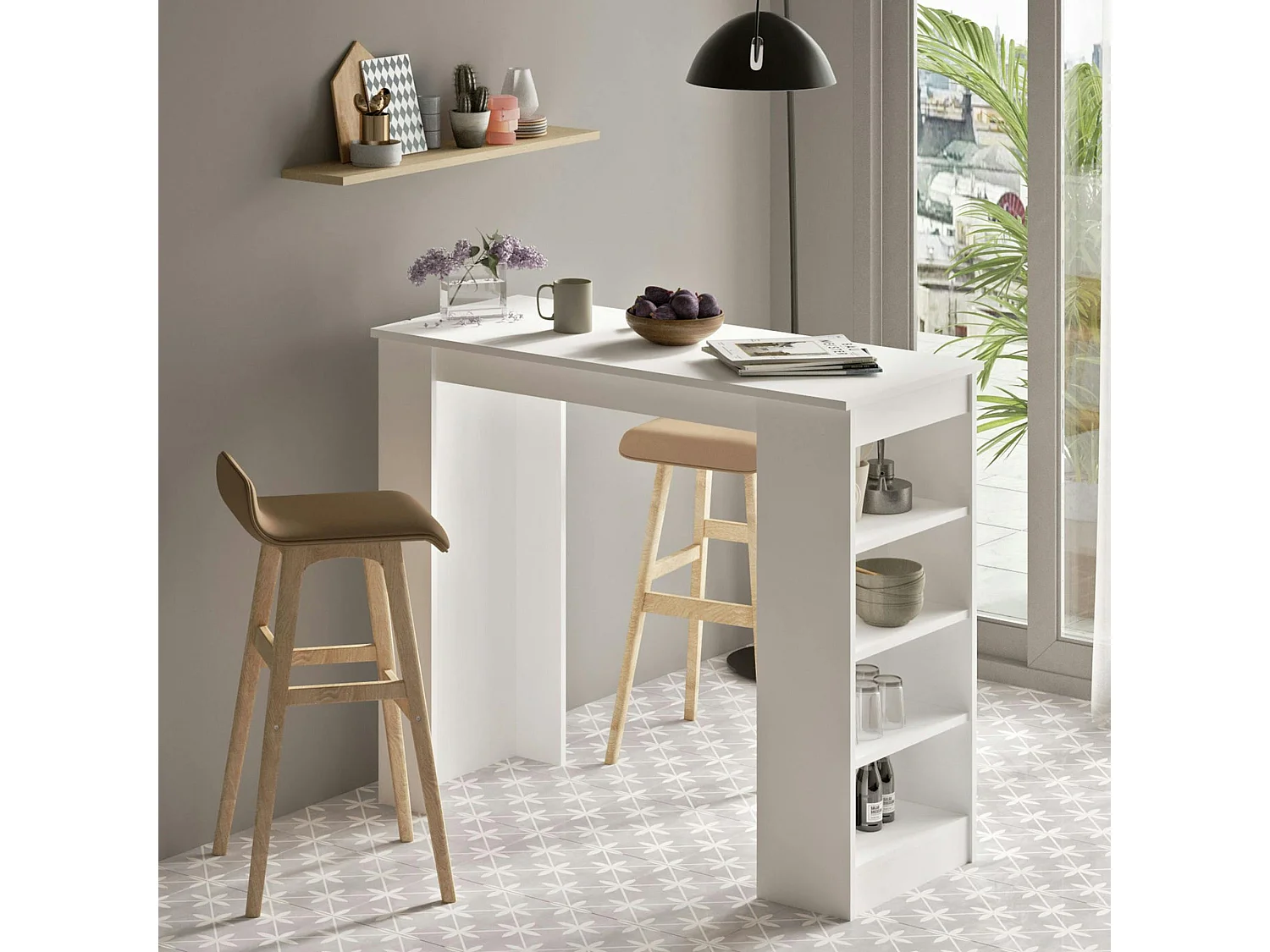Table haute blanche cuisine avec étagères intégrées MARFA