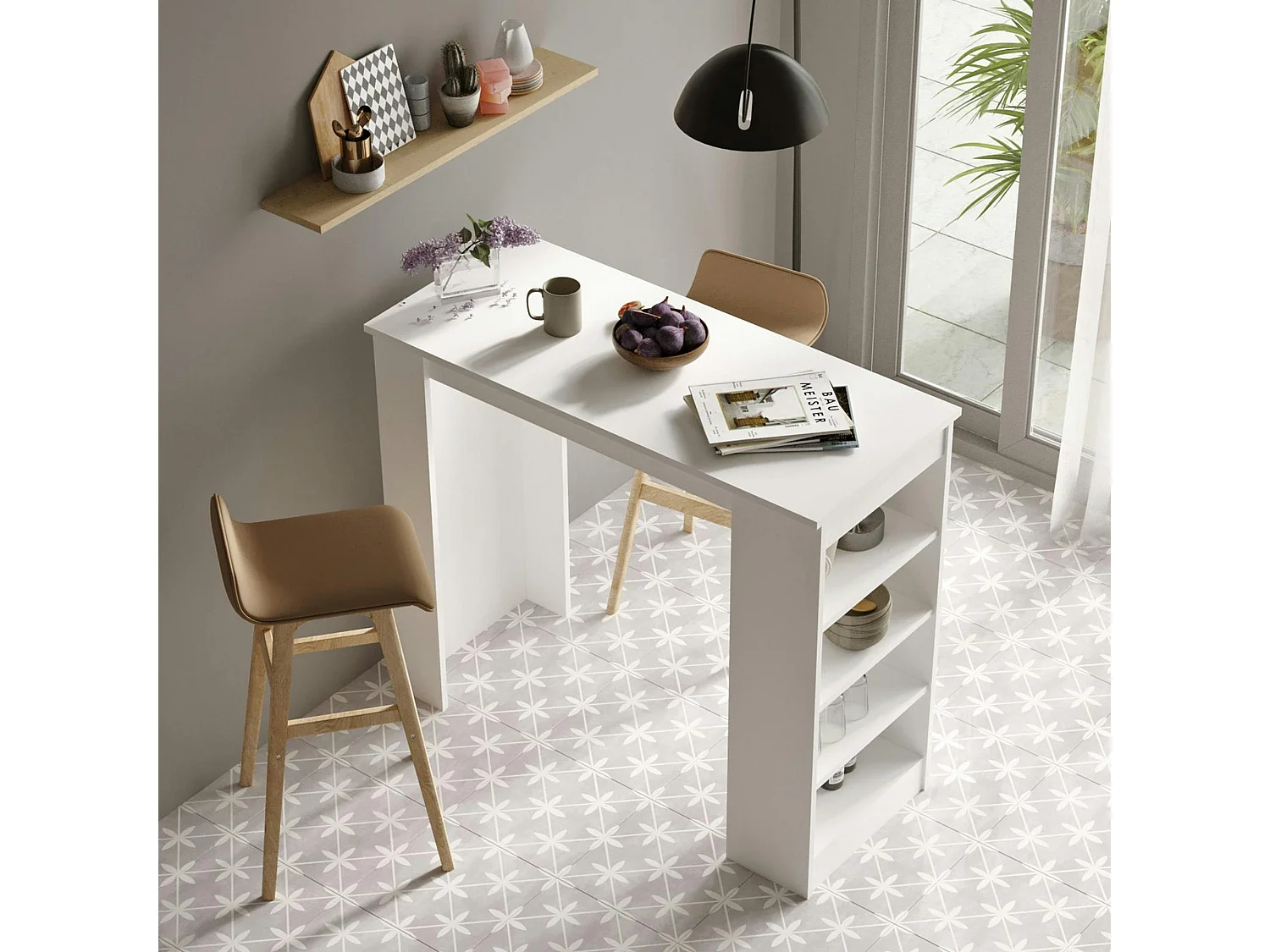 Table haute blanche cuisine avec étagères intégrées MARFA