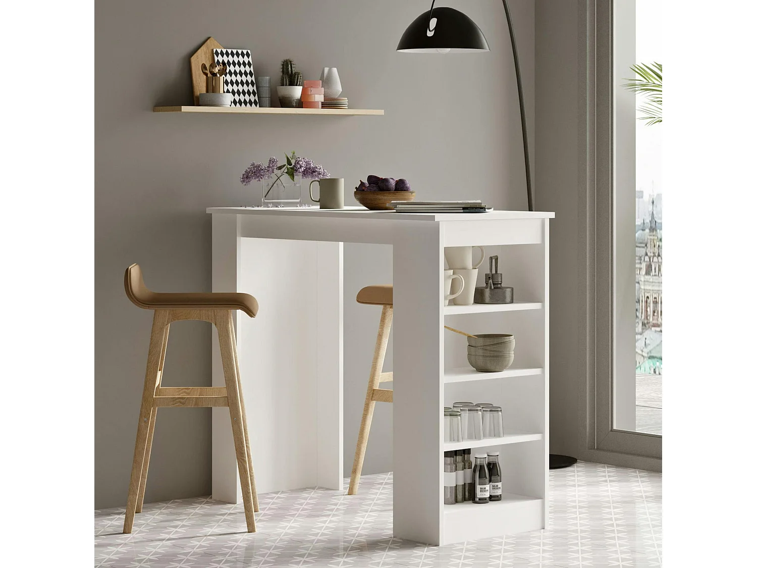 Table haute blanche cuisine avec étagères intégrées MARFA