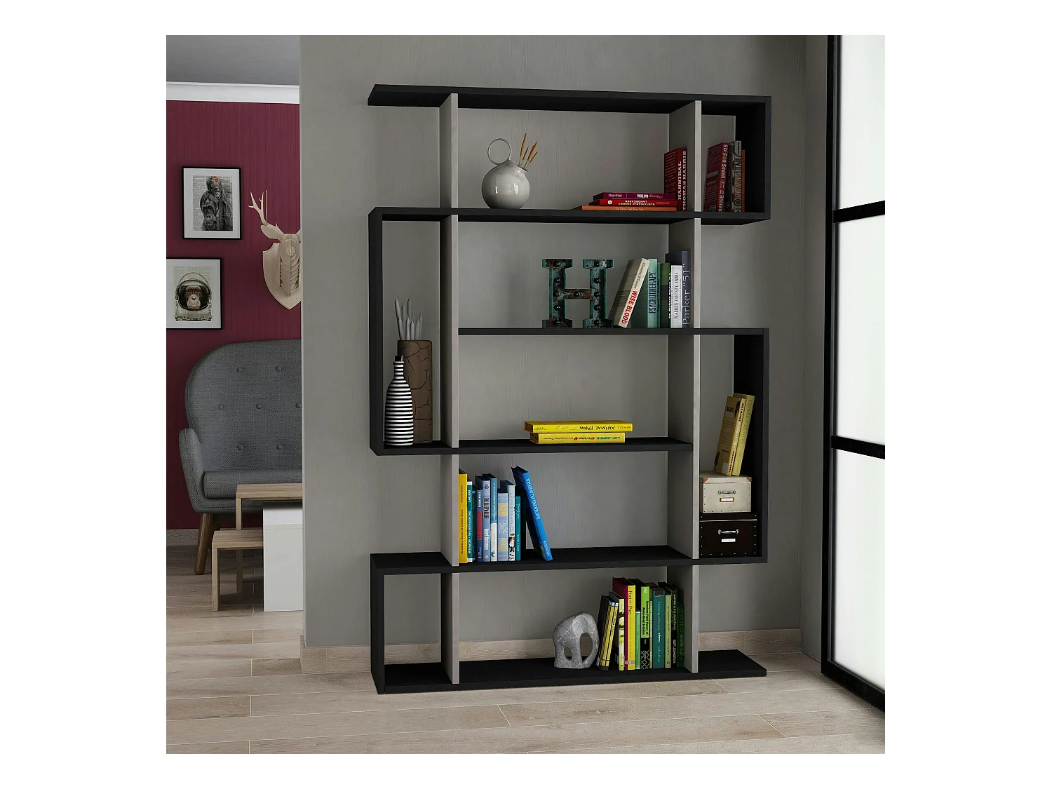 Bibliothèque noir et gris design labyrinthe MARFA