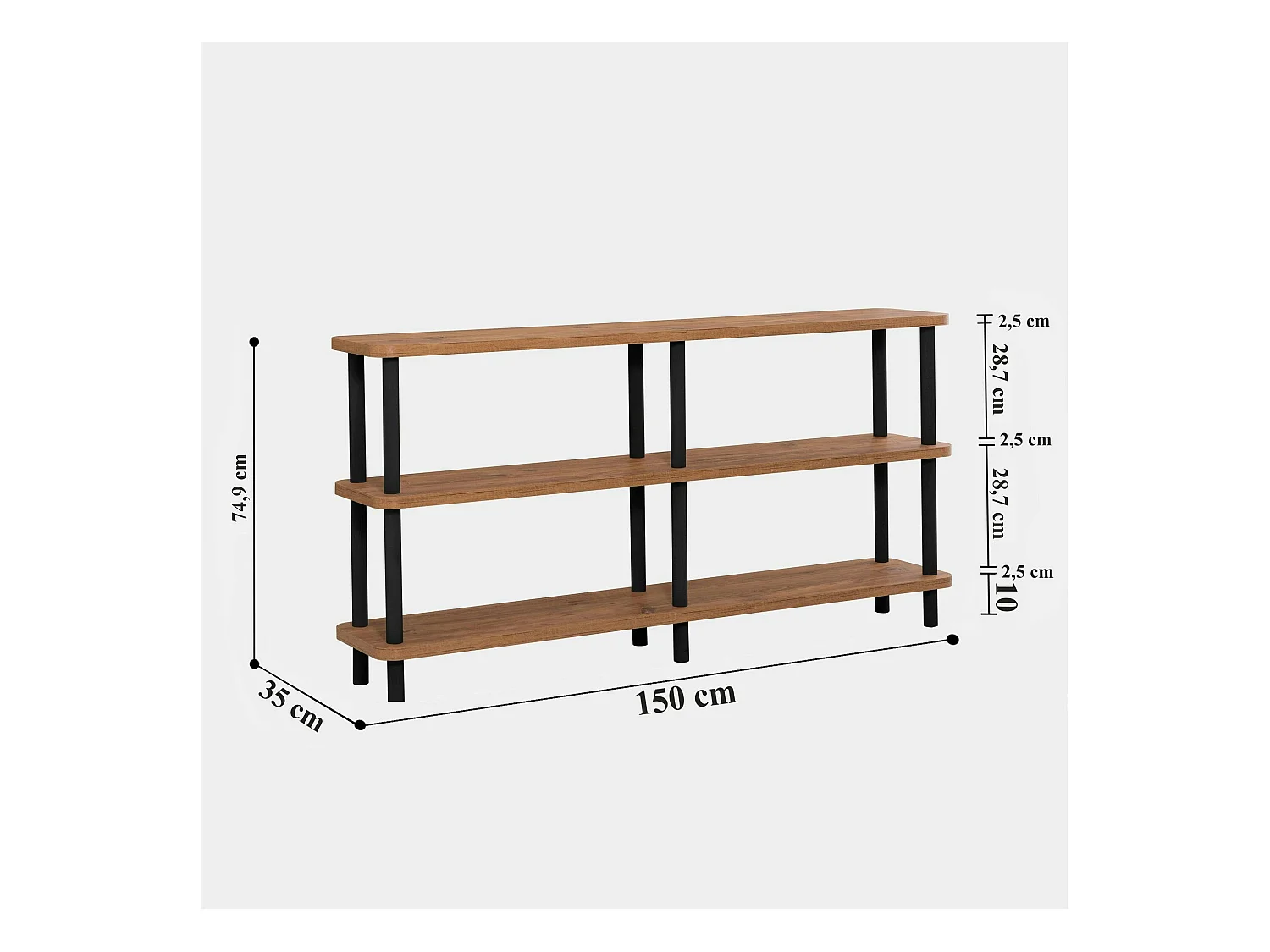 Bibliothèque basse structure noire - 3 niveaux, 150 cm MARFA