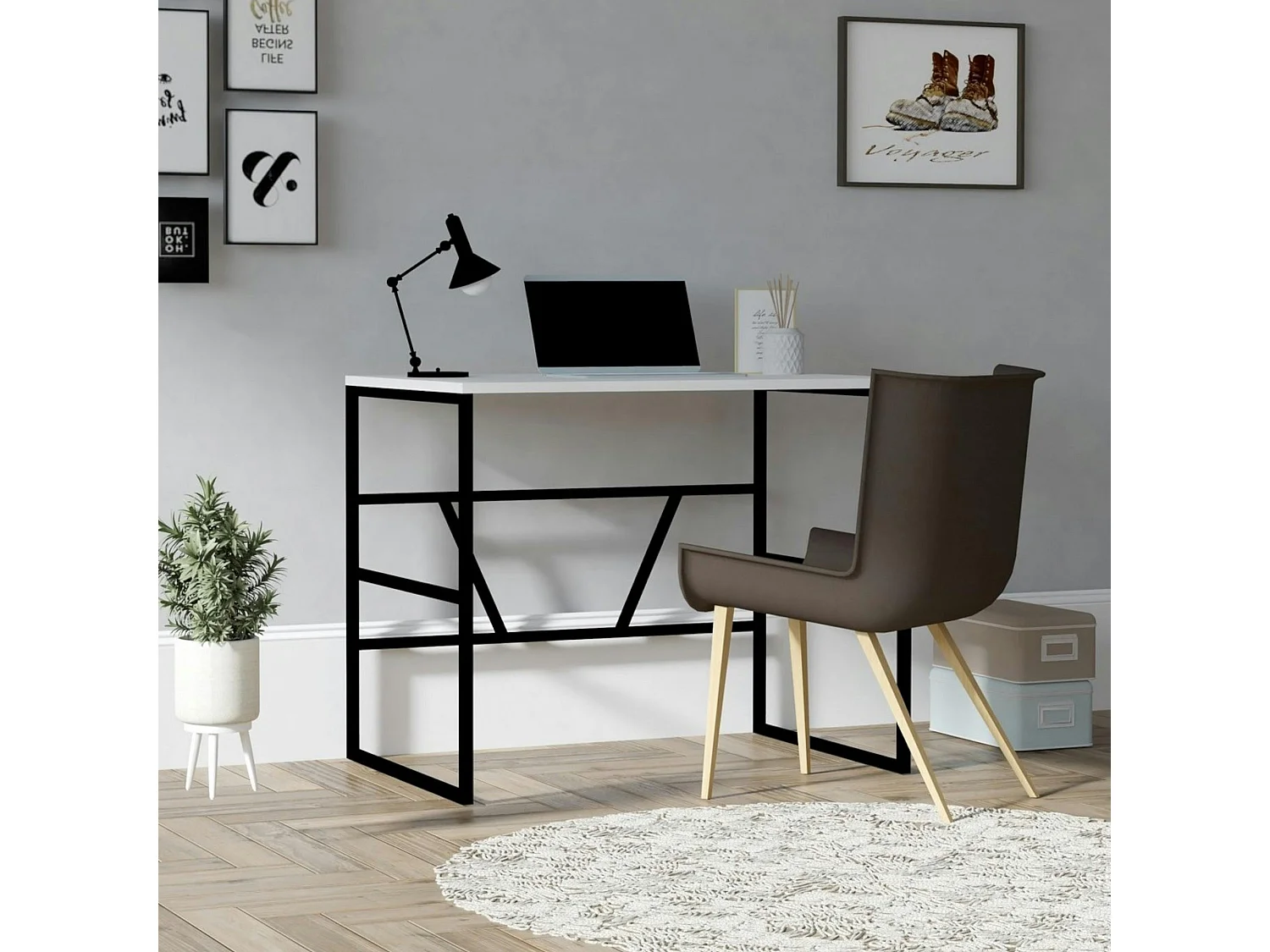 Petit bureau moderne noir avec plateau blanc JENA