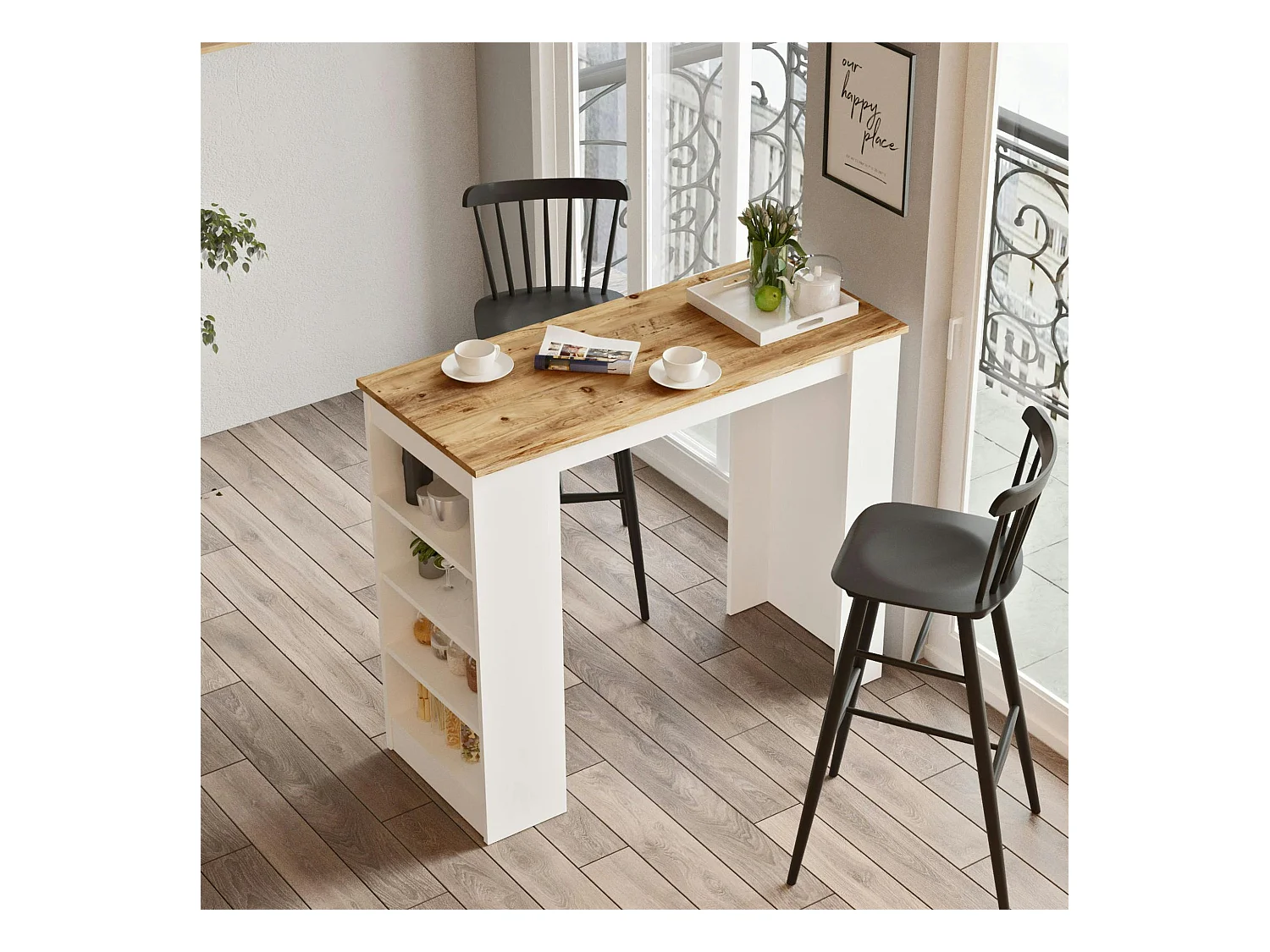 Table haute blanche cuisine avec plateau effet bois MARFA