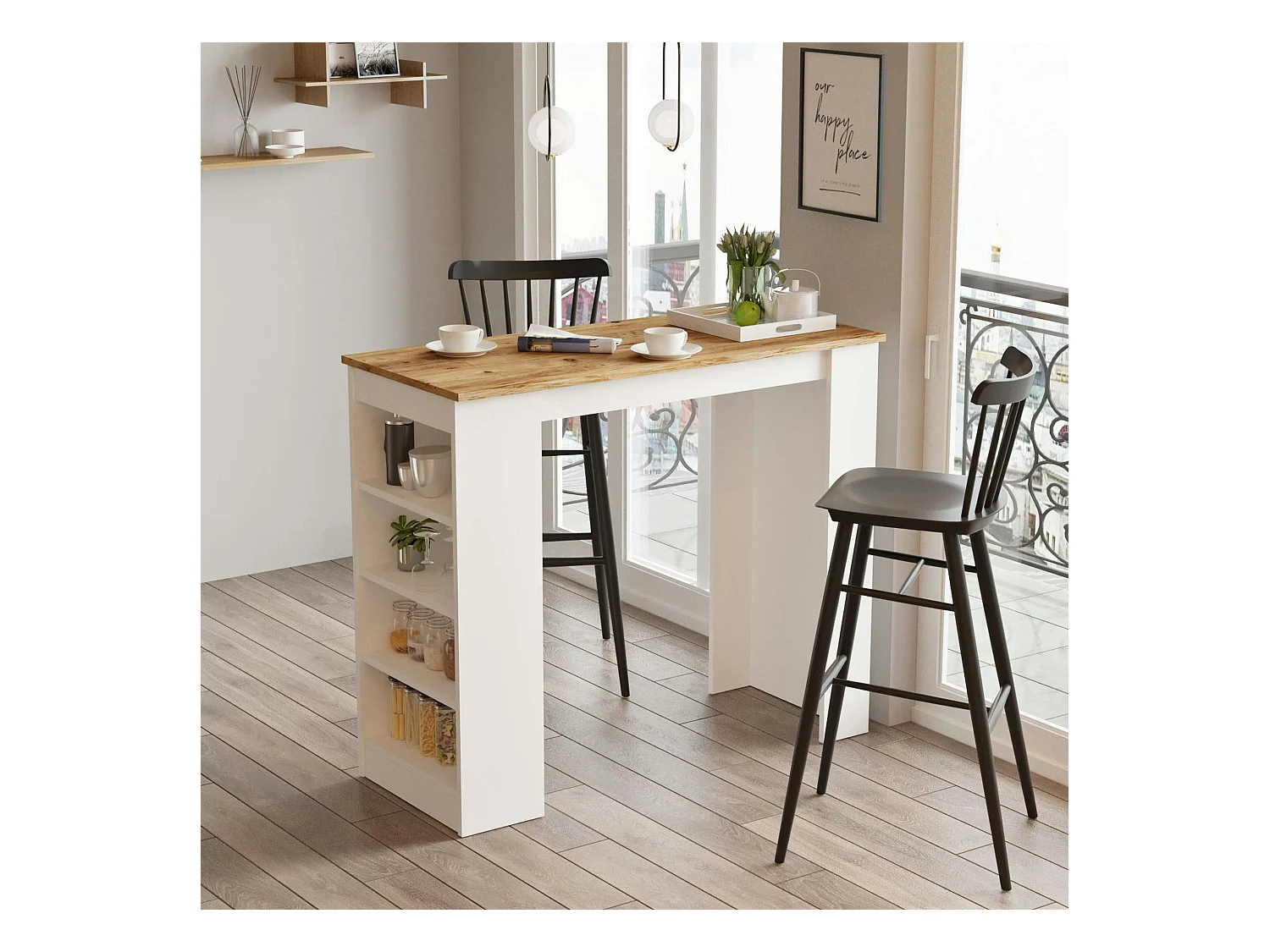 Table haute blanche cuisine avec plateau effet bois MARFA