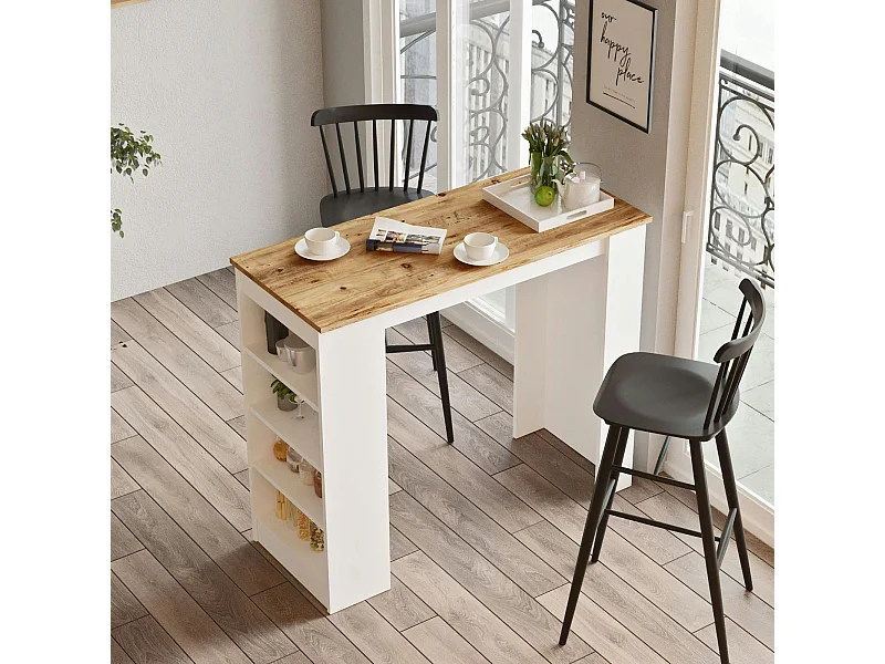 Table haute blanche cuisine avec plateau effet bois MARFA