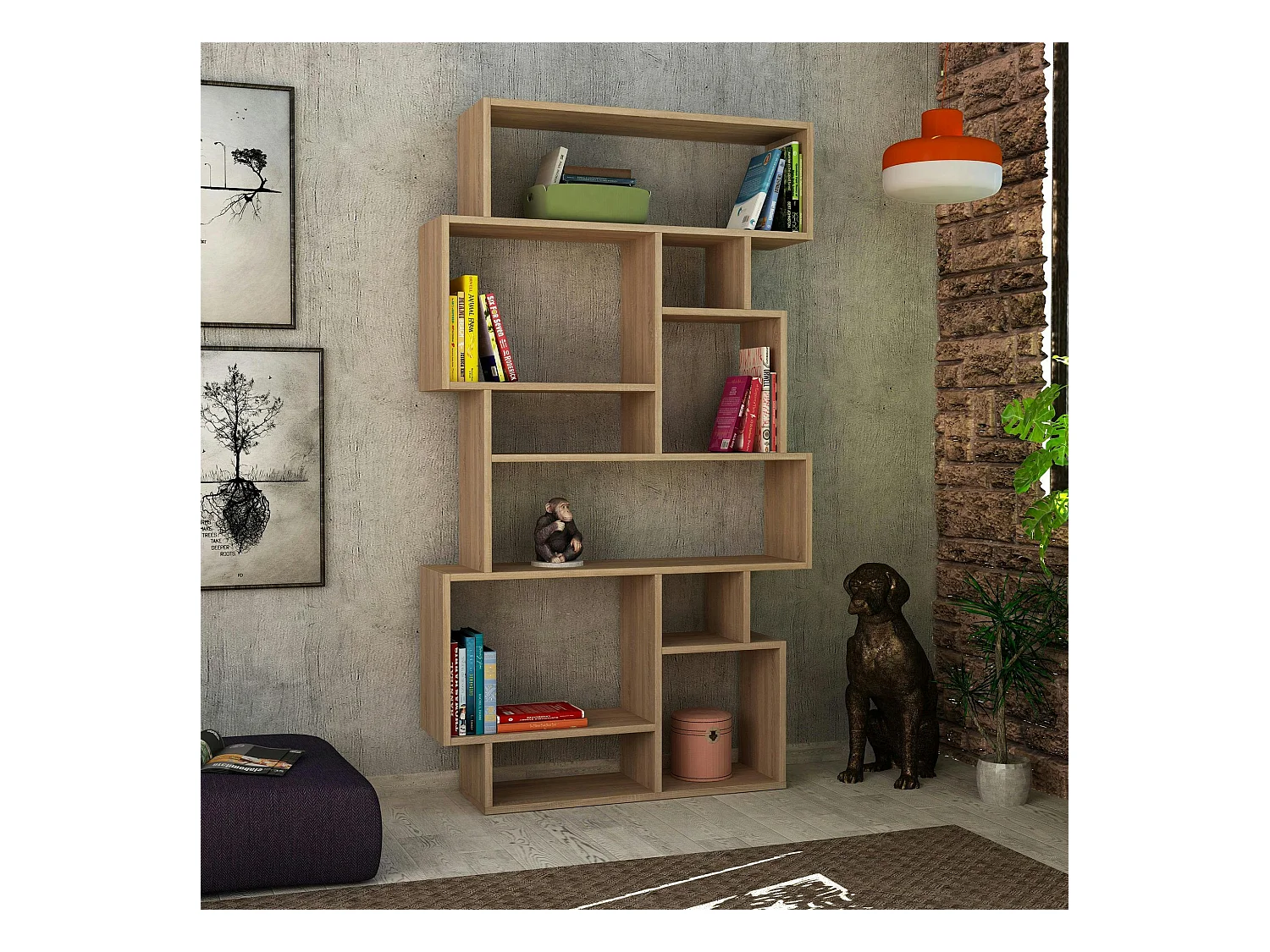 Bibliothèque effet chêne design à étagères décalées MARFA