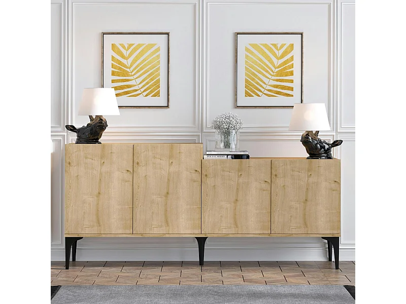 Buffet moderne 4 portes effet chêne - 2 niveaux JENA