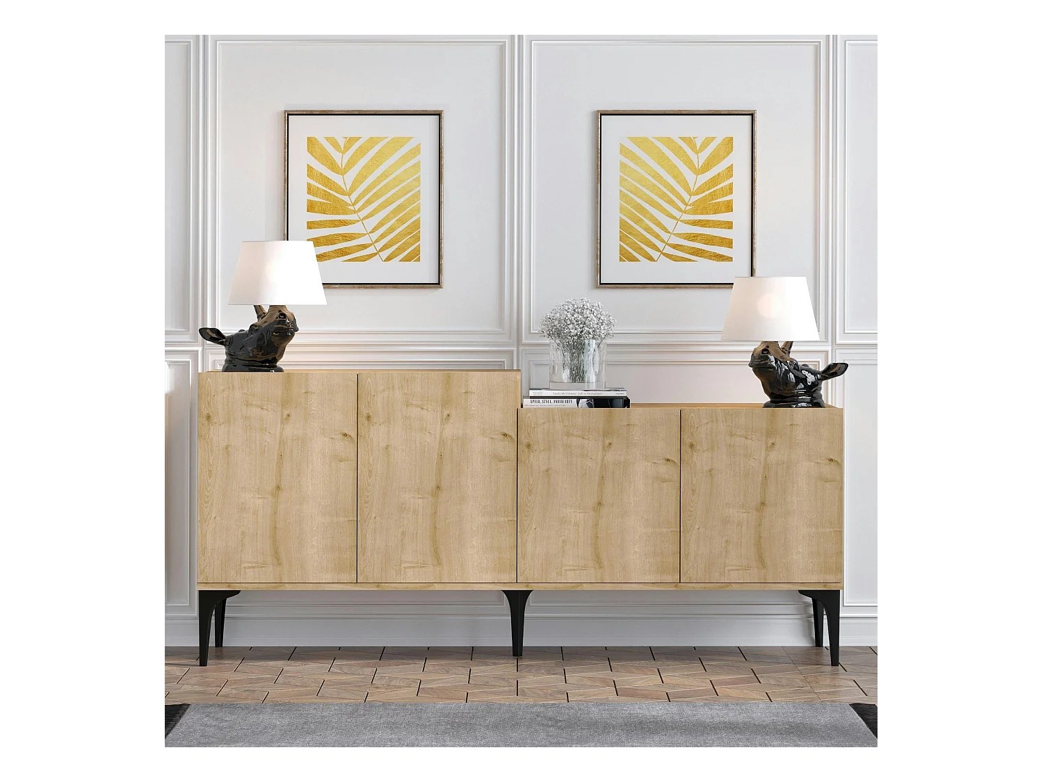 Buffet moderne 4 portes effet chêne - 2 niveaux JENA