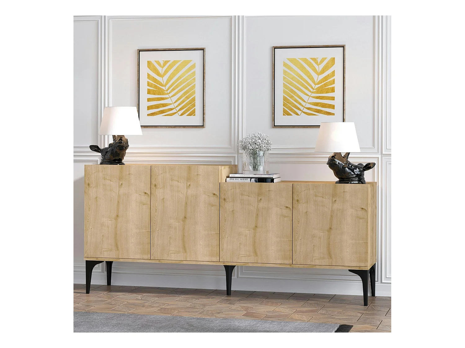 Buffet moderne 4 portes effet chêne - 2 niveaux JENA