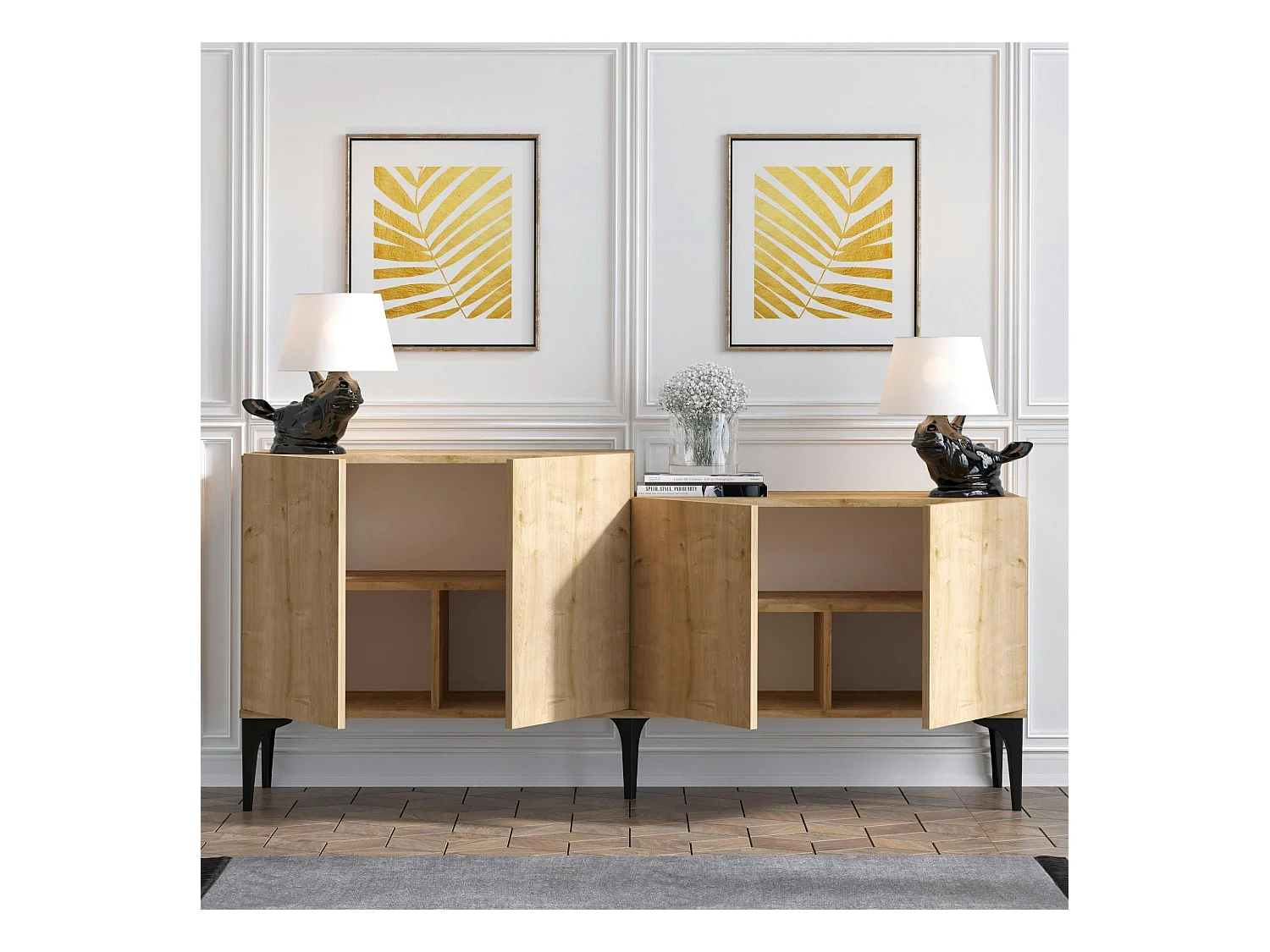 Buffet moderne 4 portes effet chêne - 2 niveaux JENA