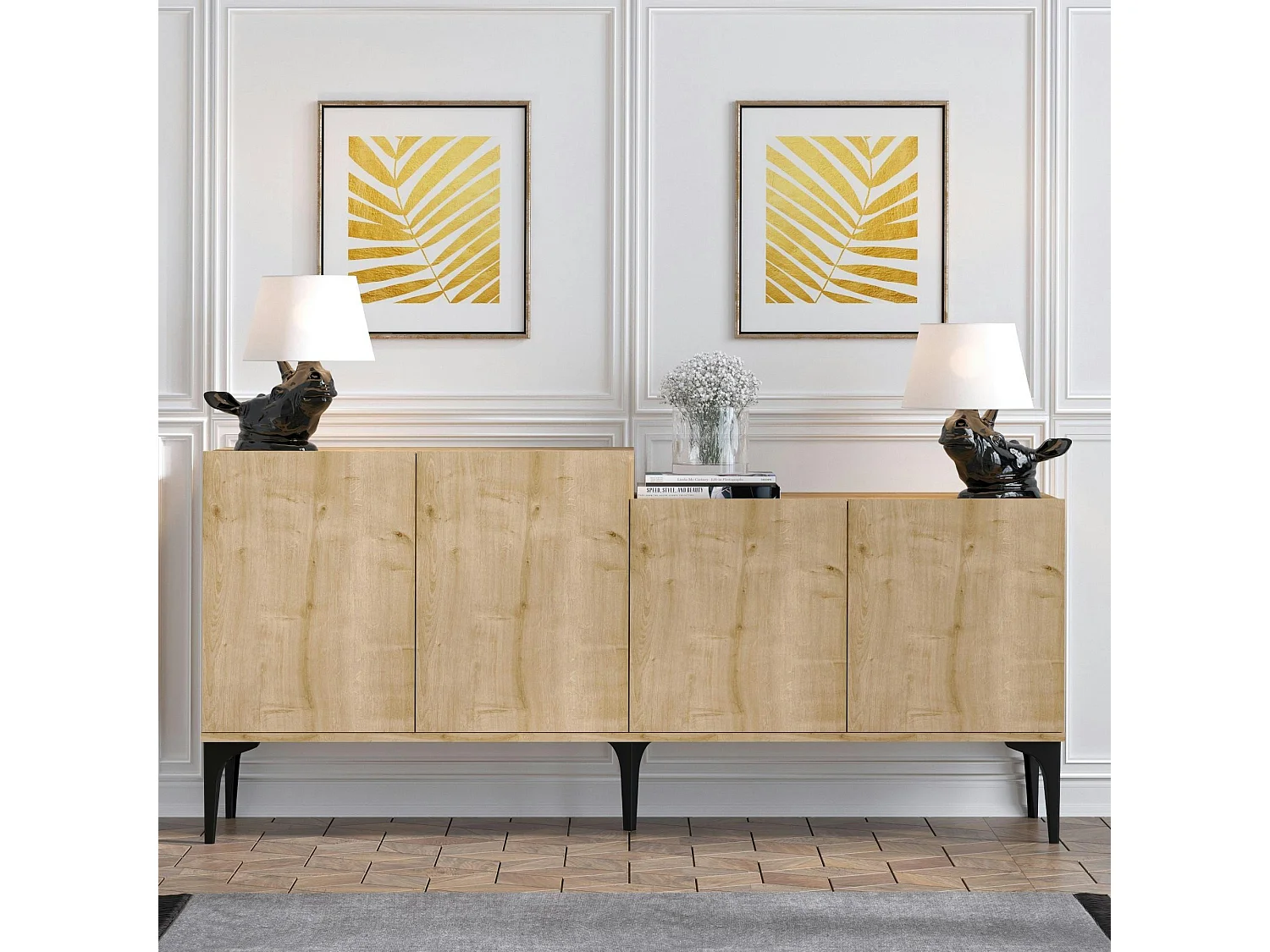 Buffet moderne 4 portes effet chêne - 2 niveaux JENA