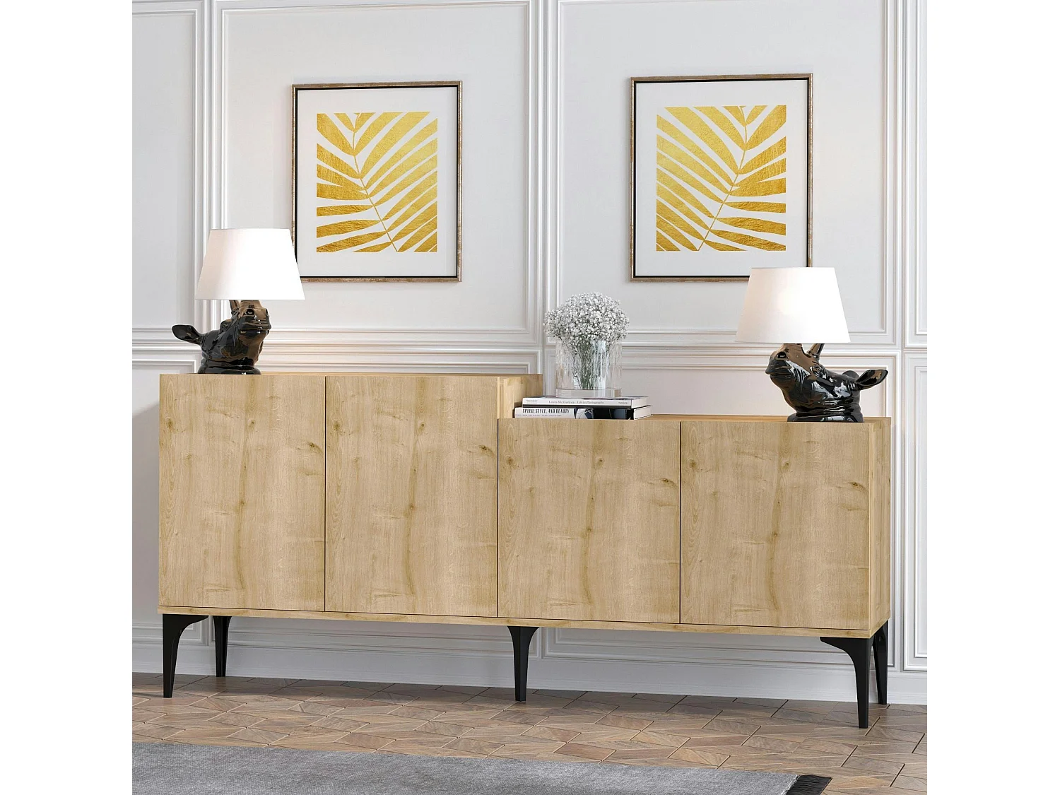 Buffet moderne 4 portes effet chêne - 2 niveaux JENA