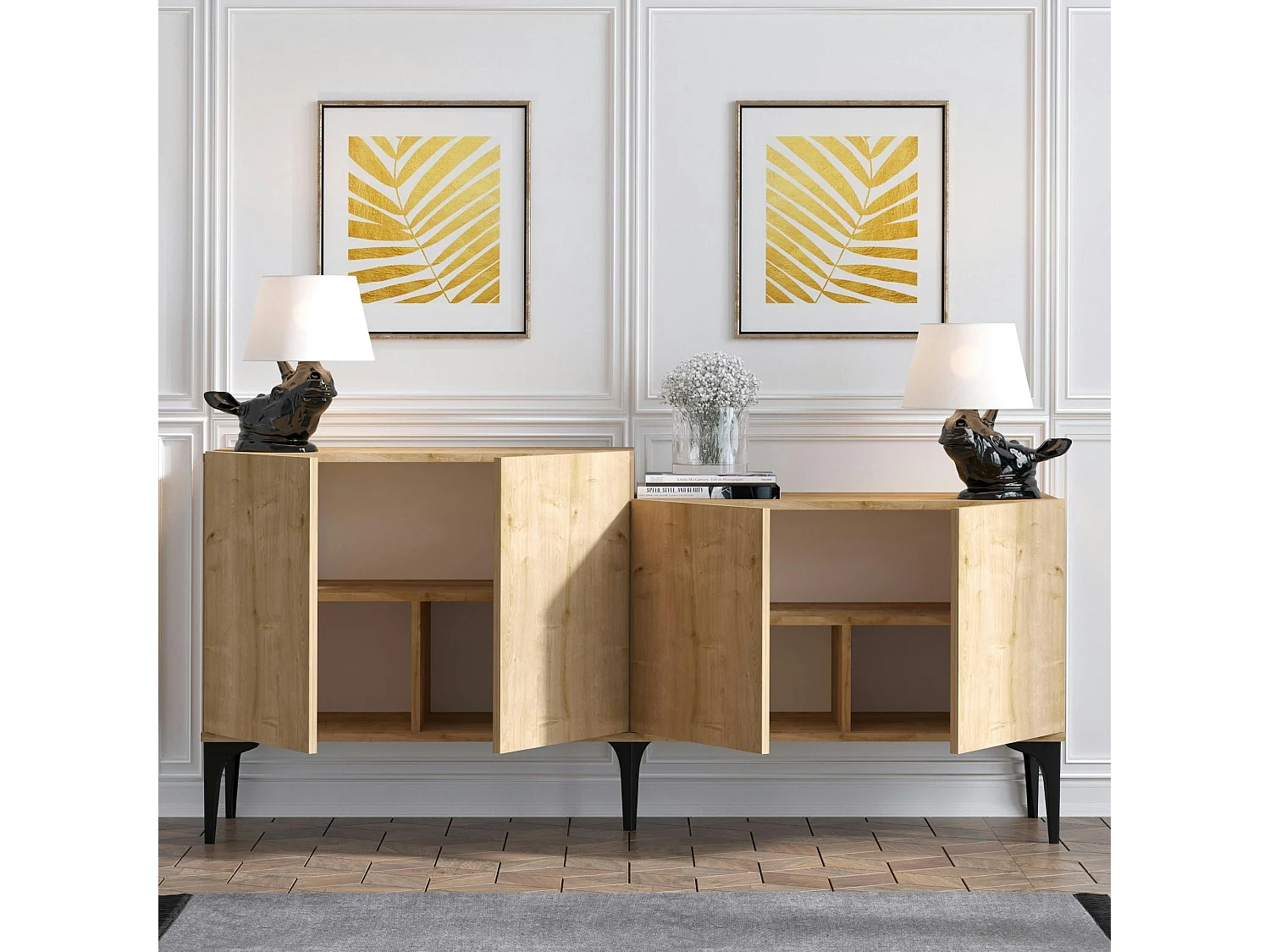 Buffet moderne 4 portes effet chêne - 2 niveaux JENA