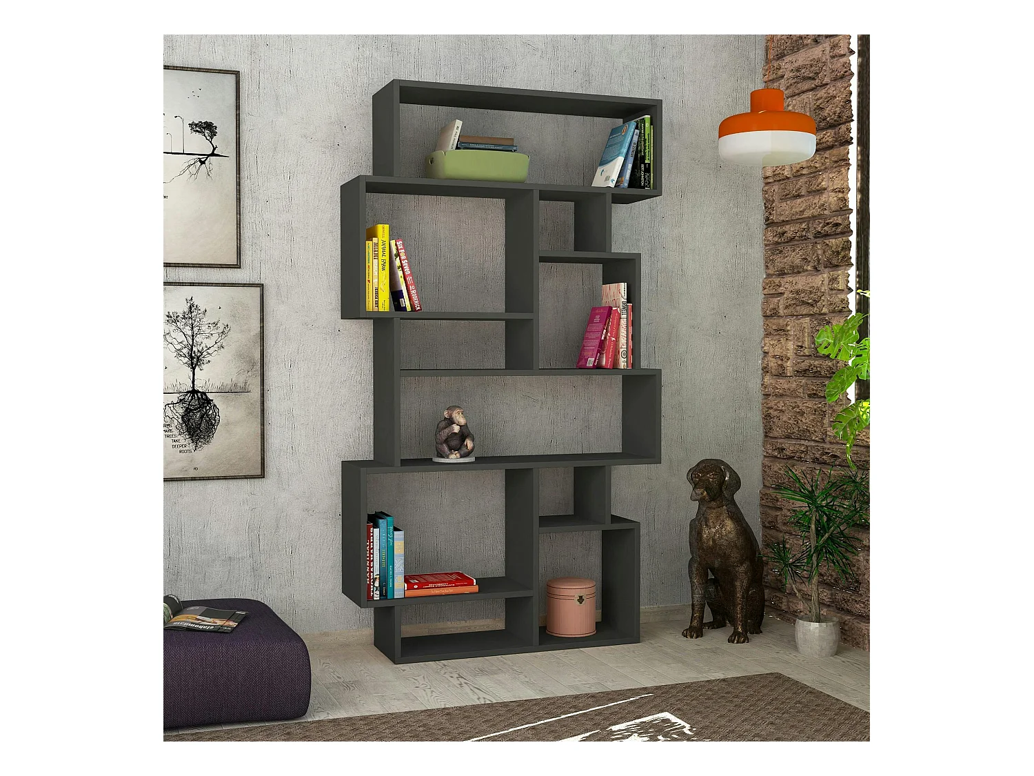 Bibliothèque gris foncé design à étagères décalées MARFA