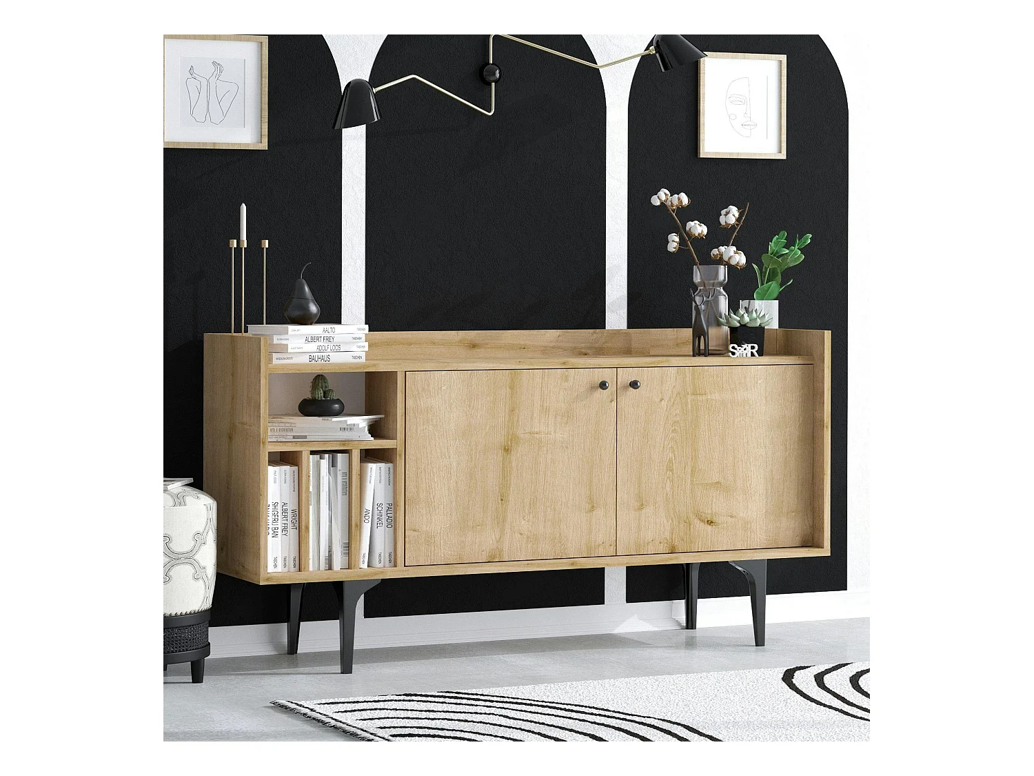 Buffet moderne 2 portes avec niches rangement - effet chêne JENA