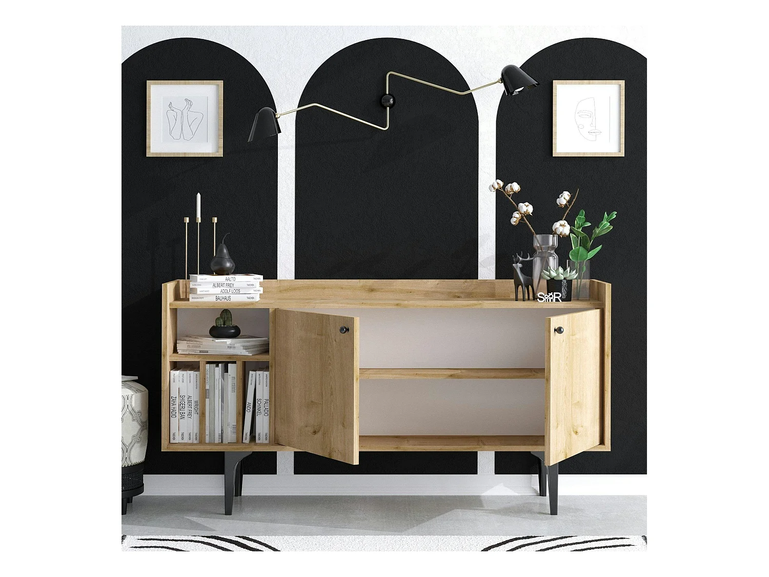 Buffet moderne 2 portes avec niches rangement - effet chêne JENA