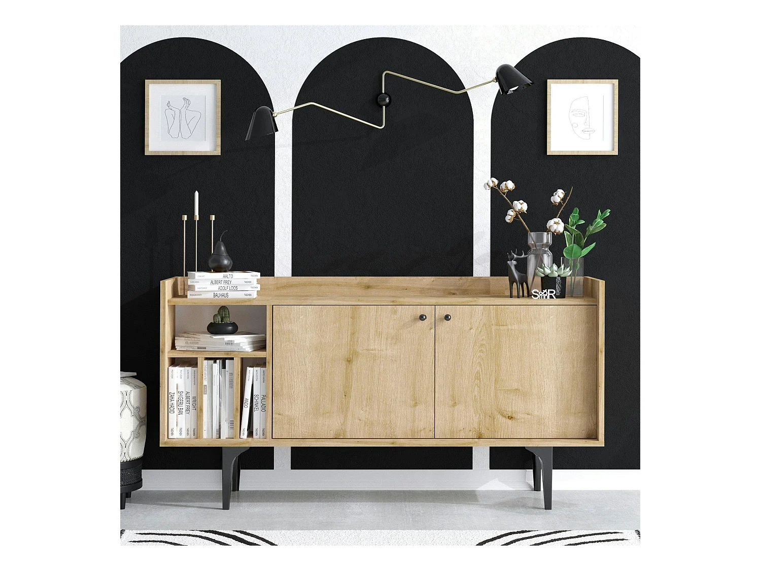 Buffet moderne 2 portes avec niches rangement - effet chêne JENA