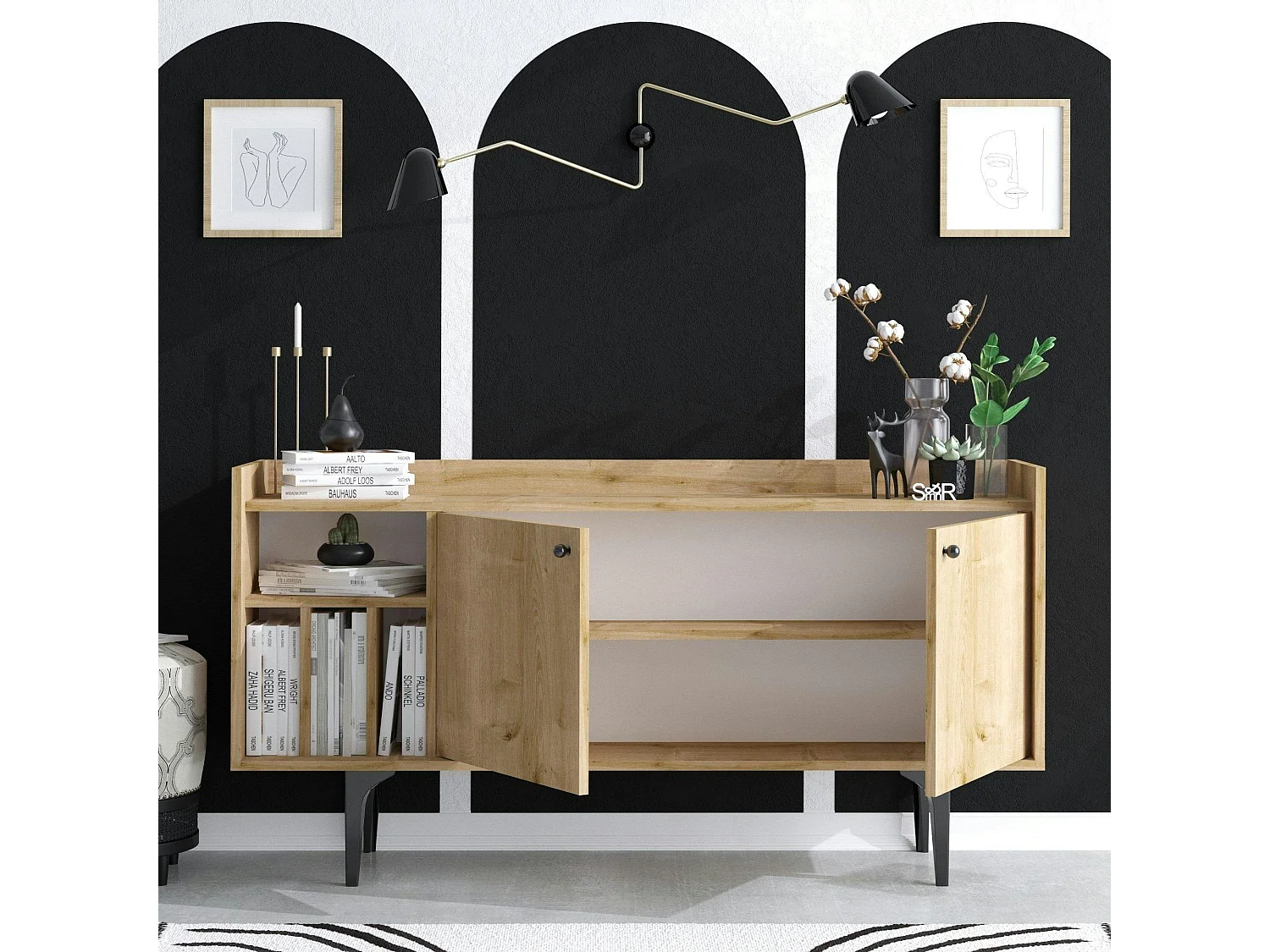 Buffet moderne 2 portes avec niches rangement - effet chêne JENA