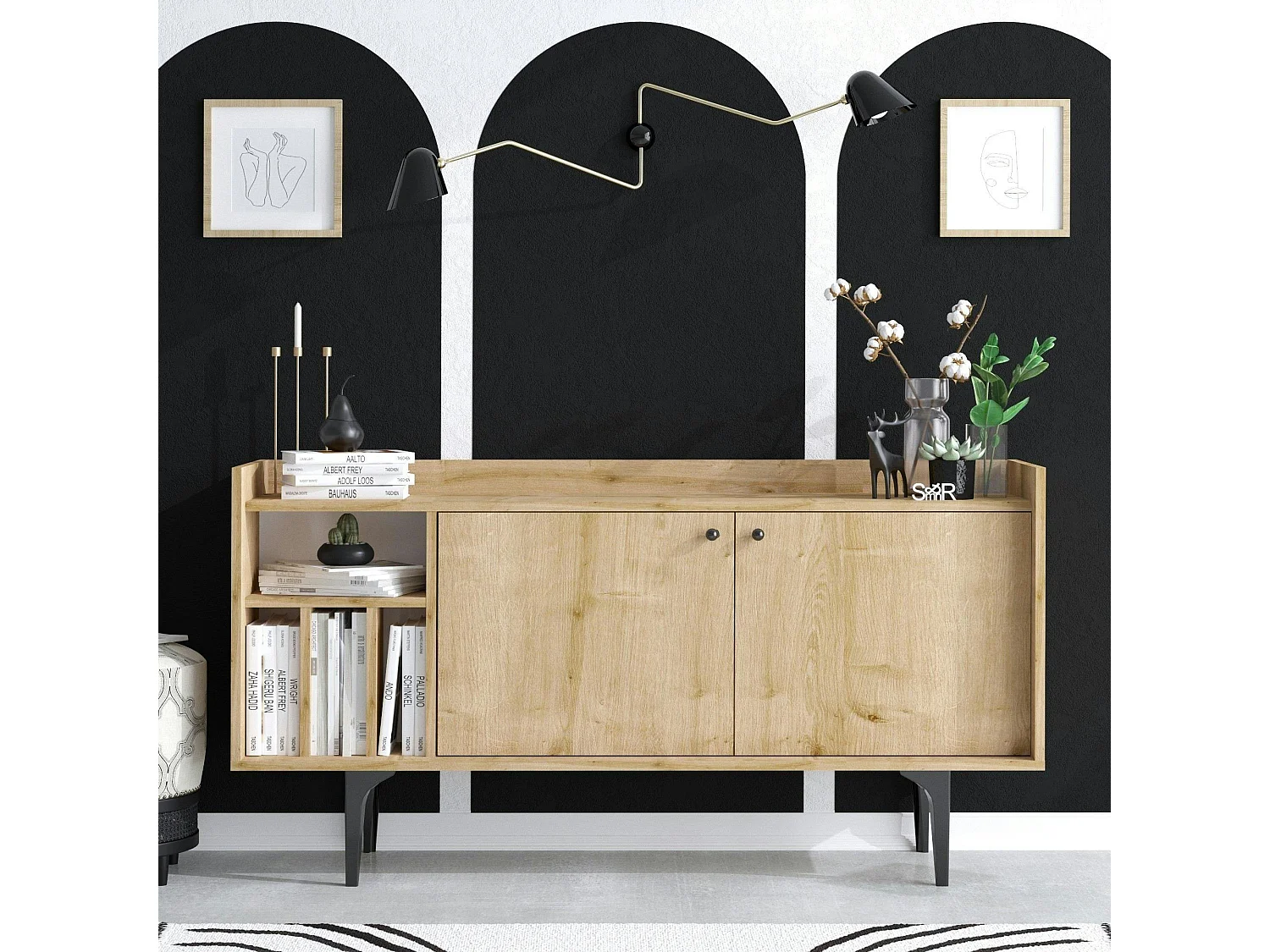 Buffet moderne 2 portes avec niches rangement - effet chêne JENA