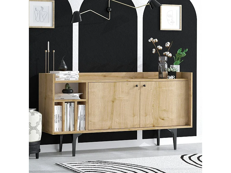 Buffet moderne 2 portes avec niches rangement - effet chêne JENA